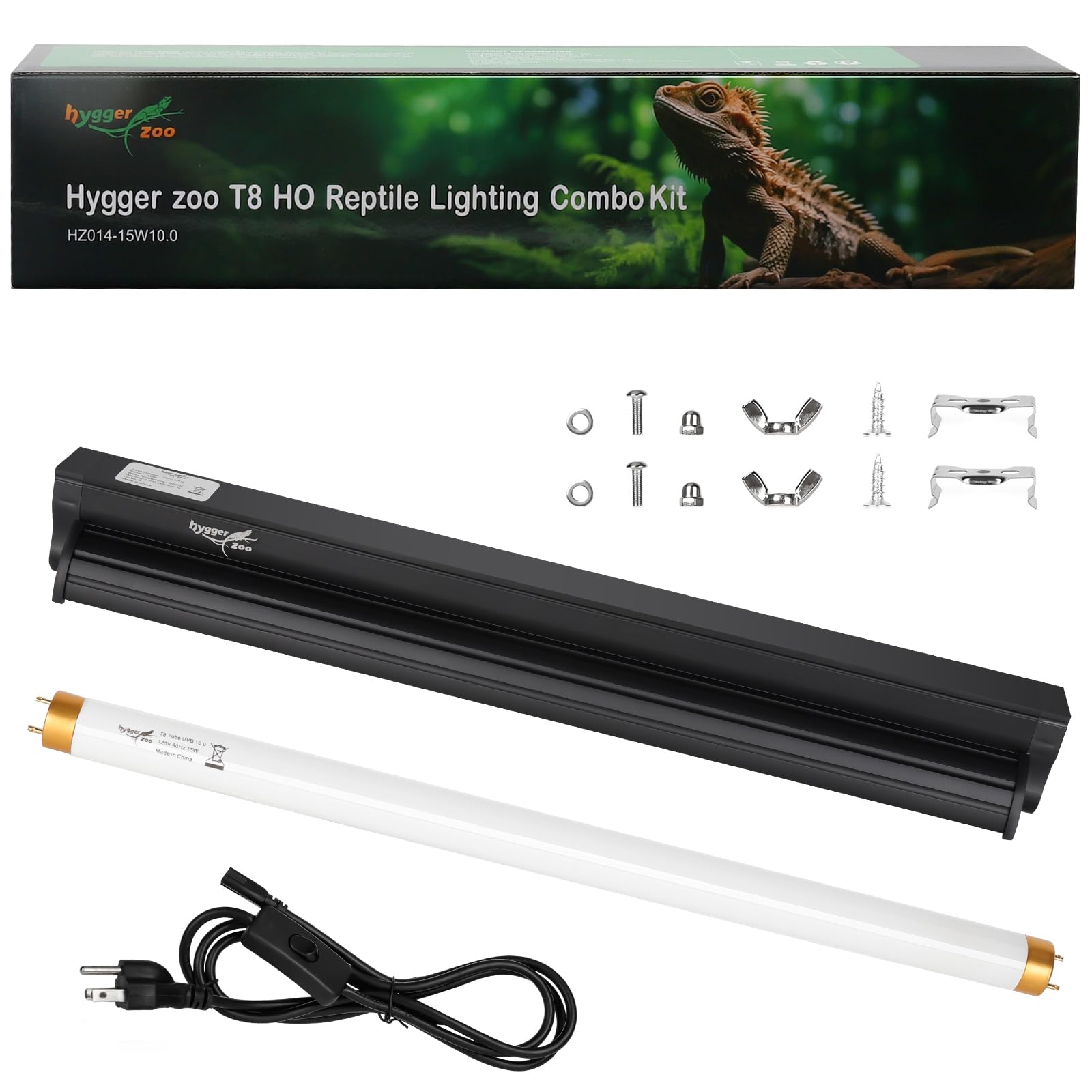 T8 UVB Reptile Light Fixture HO UVB Bulb Lighting Combo Kit, 10.0 UVB Light for Reptiles Terrarium Hood with 15W Reptile Light Bar UVA UVB Desert Lamp for Bearded Dragon Turtle Tank, 18Inch