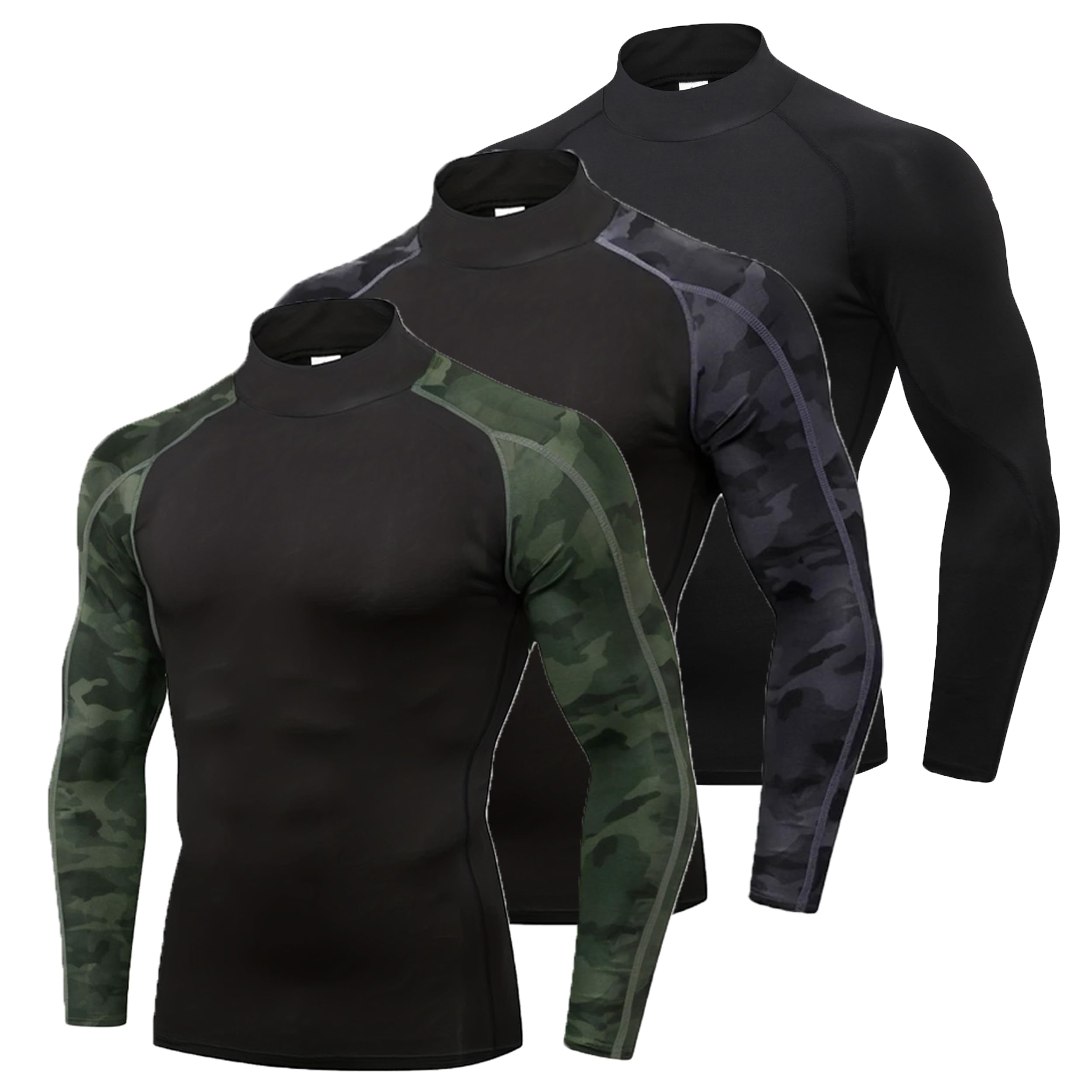 YUSHOW Lot de 3 hauts de compression à manches longues pour homme - Haut de course à pied à col roulé à séchage rapide - Pour gym, sport, fitness, entraînement, cyclisme, football