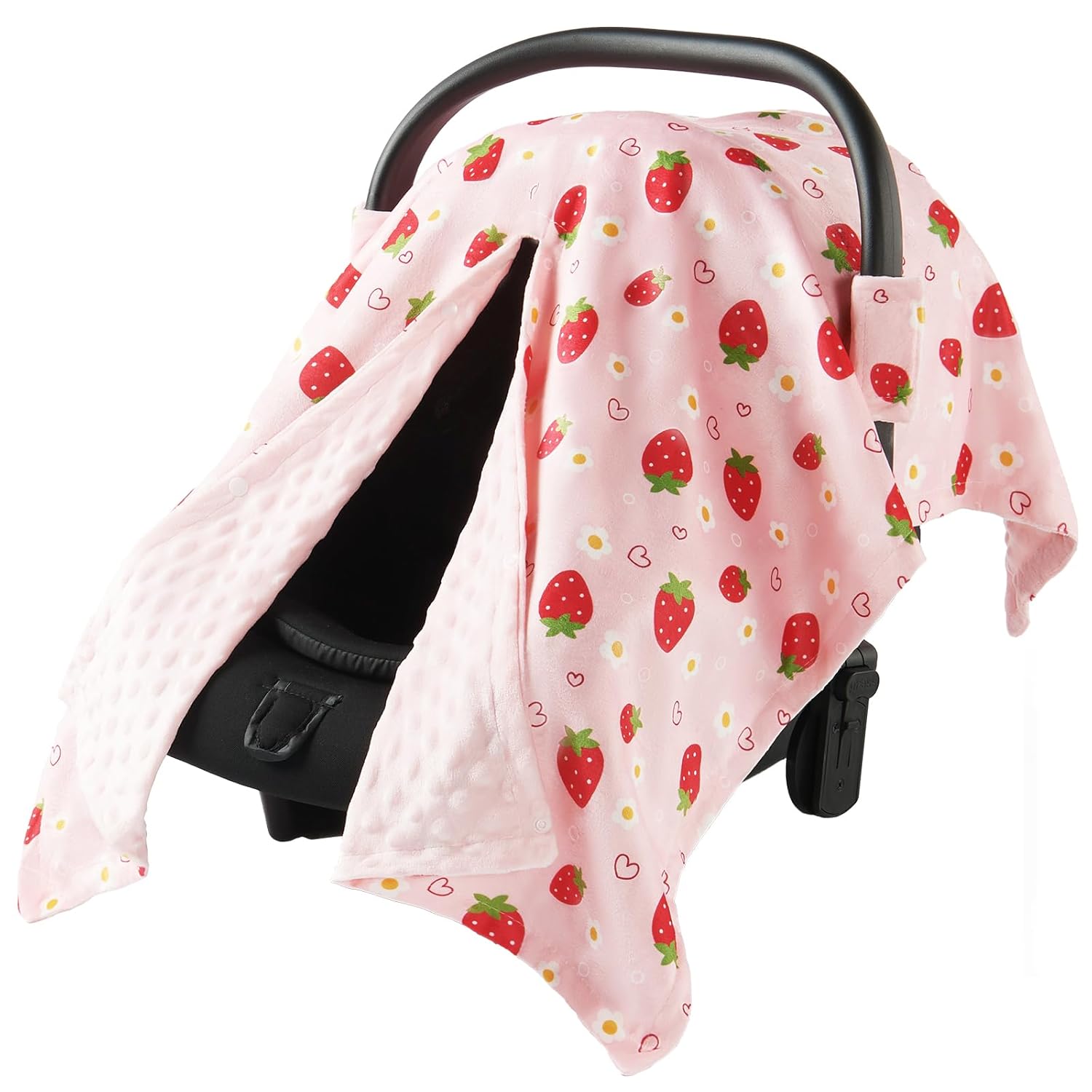 Car Seat Cover Baby, Carseat Covers Baby Boy, Minky Infant Car Seat Cover Winter, Peekaboo Opening Car Seat Canopy, Multi-use Baby Carrier, Stroller, Nursing Cover – Pink Strawberry