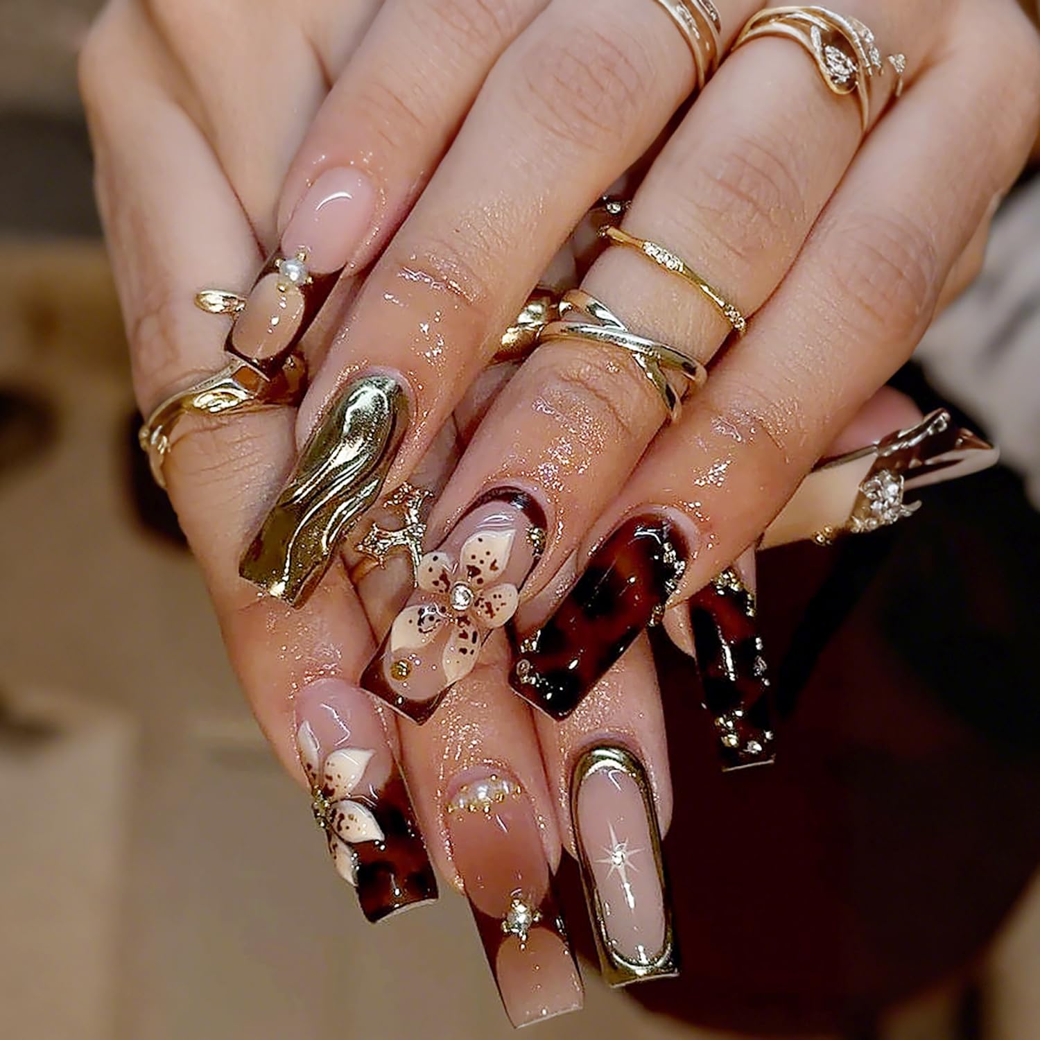 24Pcs Handmade Press on Nails Long Square Fake Nails 3D Gold Chrome Acrylic Nails Artificial Pearl Flower Rhinestones Glue on Nails French Stick on