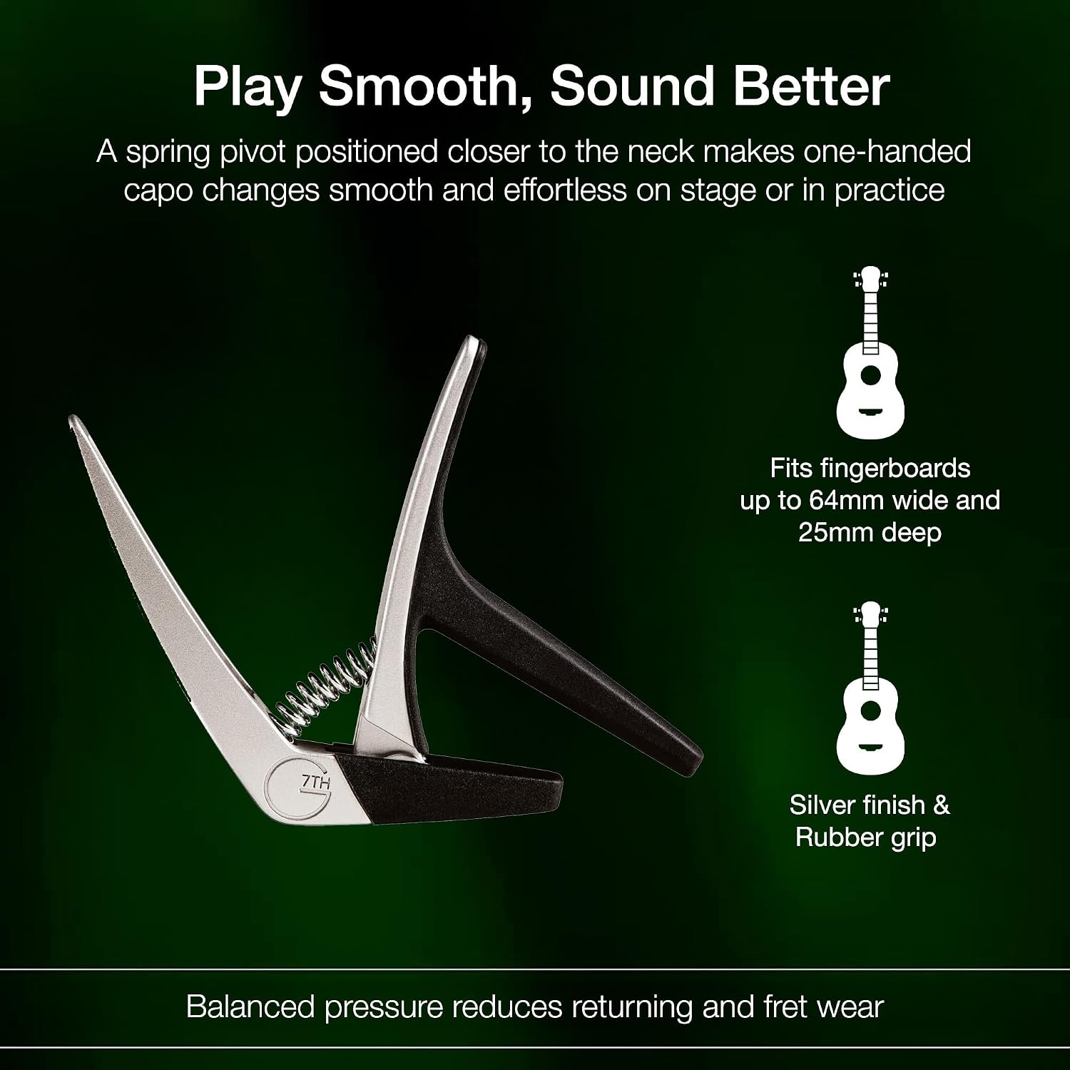 G7th Nashville Silver Ukelele Capo - Lightweight and Low Profile with Protective Silicone Pads - Tuning Stability for Effortless Performance - The Perfect Capo for all Ukeleles - UK Designed
