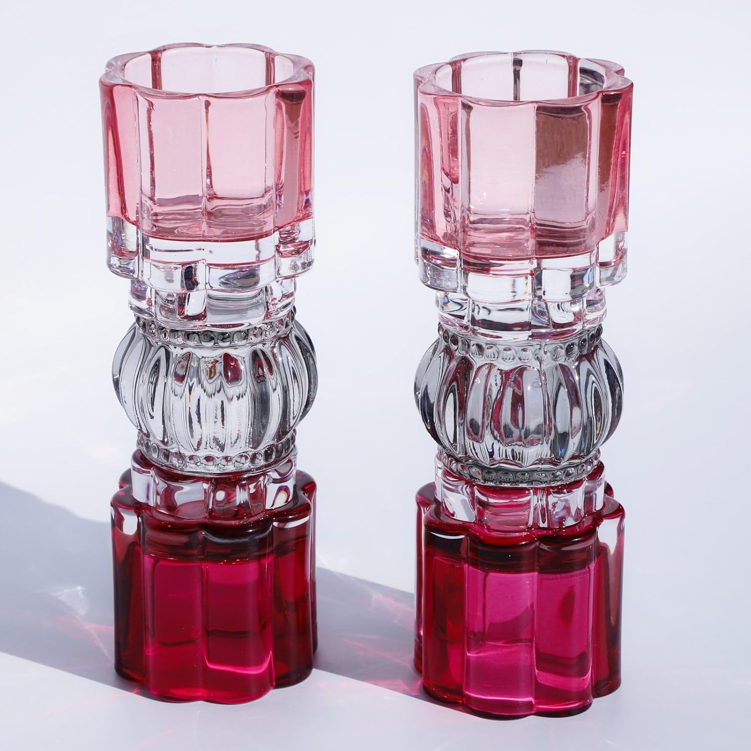 VOHO Pink Candle Holder for Valentines Day Decorations, Set of 2 Heavy Glass Votive Candle Holders Decor for Room Table, Romantic Tealight Candle Holder Gifts for Her(7.87x2.75 in W/H, Shades of Pink)