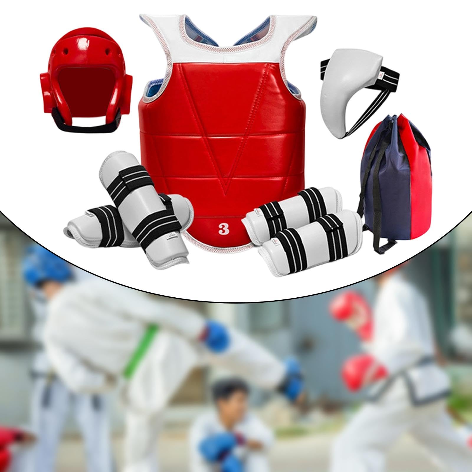 Équipement de Protection Taekwondo 6 Pièces, Plastron et Casque Renforcés pour Combat et Entraînement, Kit de Sécurité Arts Martiaux avec Sac de Transport, Équipement Professionnel, Rouge