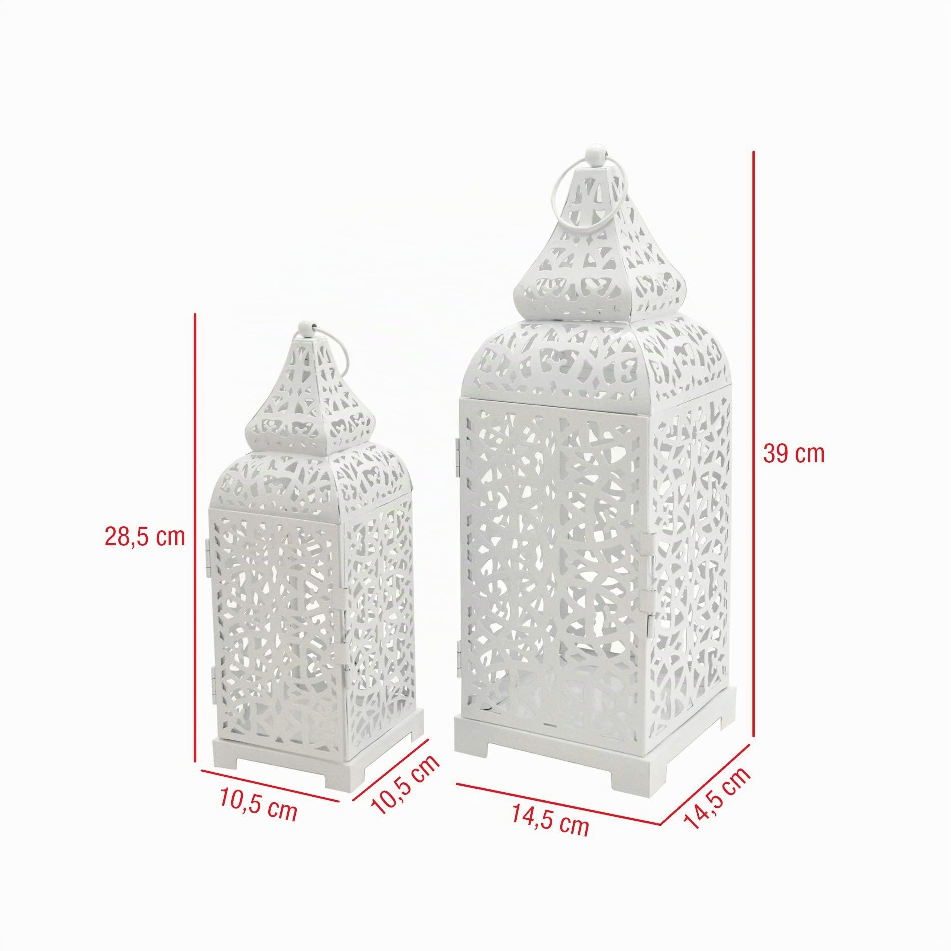 Rebecca Mobili 2 Juego Linternas Portavelas de Metal Etnico, Blanco Brillante, para Velas Flores, Salón Jardín - Medidas: 39 x 14,5 x 14,5 cm (A x AN x FON) - Art. RE6551