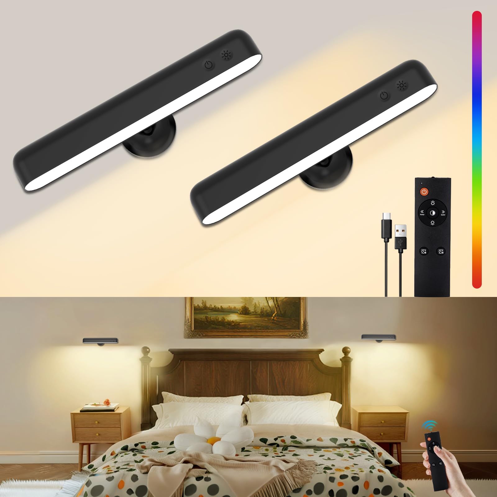 Speclux Rechargeable Wall Lights, LED Battery Operated Wall Lights with 7500mAh Battery Lamp for Bedroom, 3 Colors with 15 RGB Colors, 360°Rotate & Stepless Dimmable Brightness(2 Pack Black)