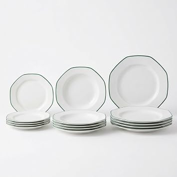 SANTA CLARA | Complete Tableware 12 Pieces Extra White Porcelain for 4 People, Microwave and Dishwasher Safe, Alma Verde Dinnerware Decorated Octogonal Shape for Home and Kitchen