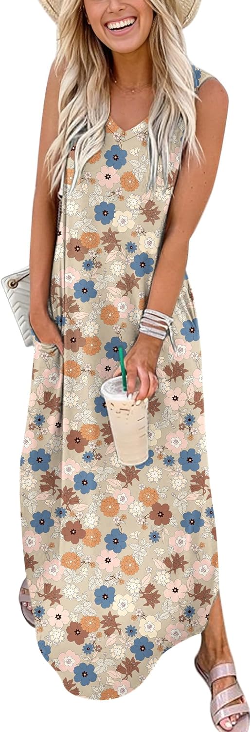 ANRABESS Womens Maxi Dress Sleeveless V Neck Casual Sundress