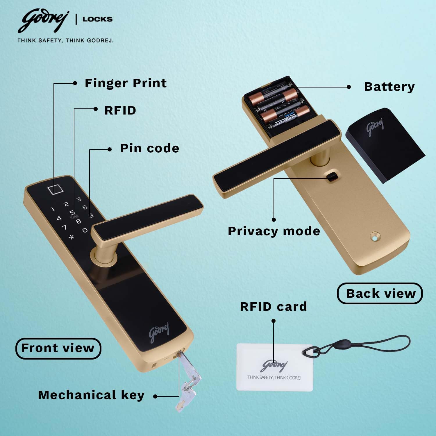 Godrej Smart Lock I Catus Touch Plus I Digital Lock for Wooden Door I 4in1 Access I Fingerprint | RFID I PIN Access I Mechanical Key I 3 Dead Bolts I Rose Gold I 3 Yr Warranty 3