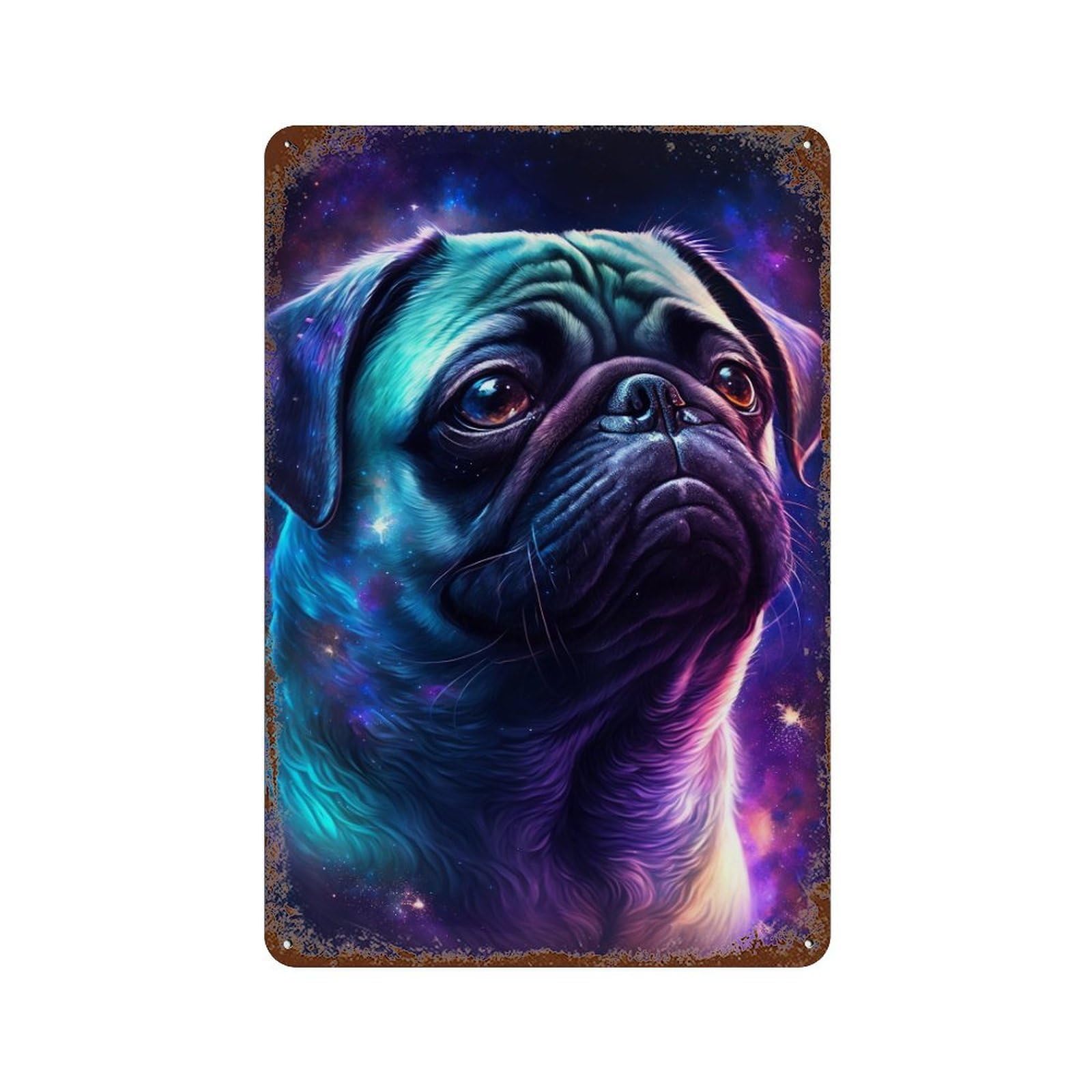Distressed Metal Wall Sign with Cosmic Pug Portrait-12 Design 11.8"x7.9", for Shed, Workshop And Garage Wall Decor, Decorative Metal Wall Art