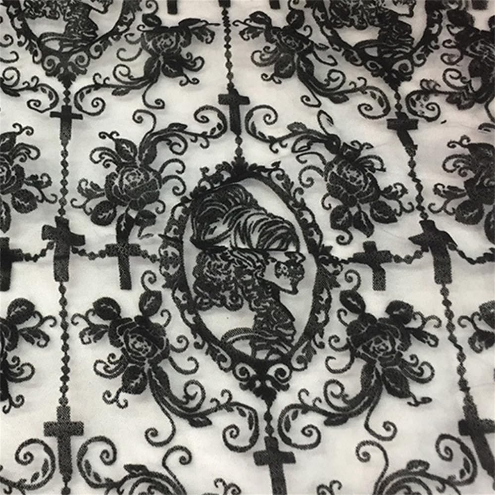55 Inch Lace Fabric Soft Black Skull Lace Fabric Cross Floral Tulle Fabric for DIY Dress Top Dress Sew,Party Overlay,Curtains,Tablecloth,Halloween Decor (Black (2 Yard))