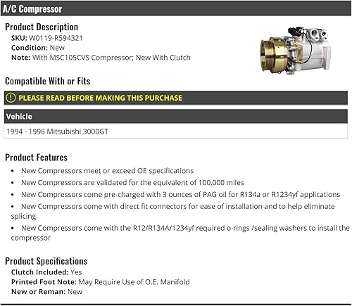 Compresor de AC - con embrague - Compatible con Mitsubishi 3000GT 1994-1996