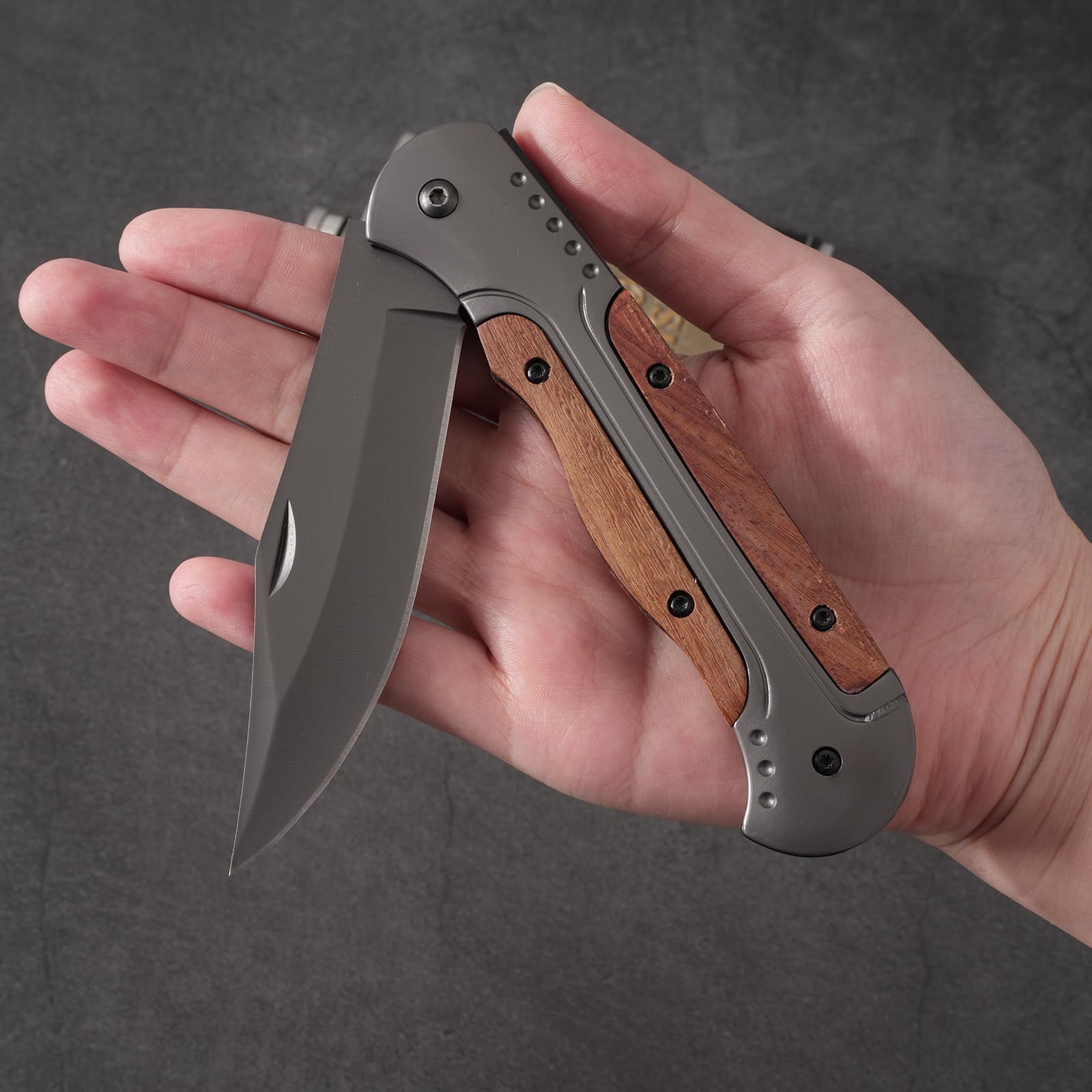 DRACHENADER Zweihand Klappmesser A-11, Zweihandmesser 42a Konform, Zweihandmesser aus 420C-Stahl, EDC Taschenmesser mit Clip und Nylon-Tasche, Holz und Aluminiumgriff