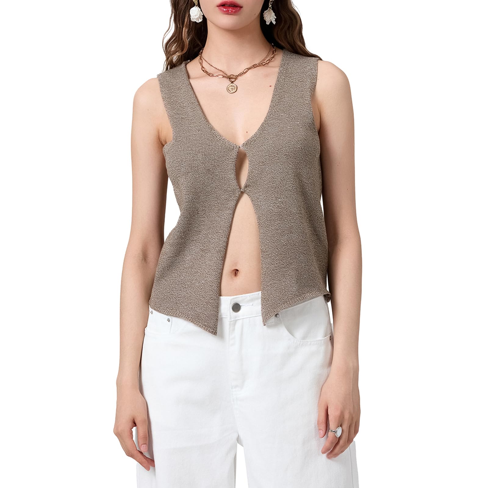 fernvia Women's V Neck Sleeveless Button Down Crochet Vest Top-picture-33