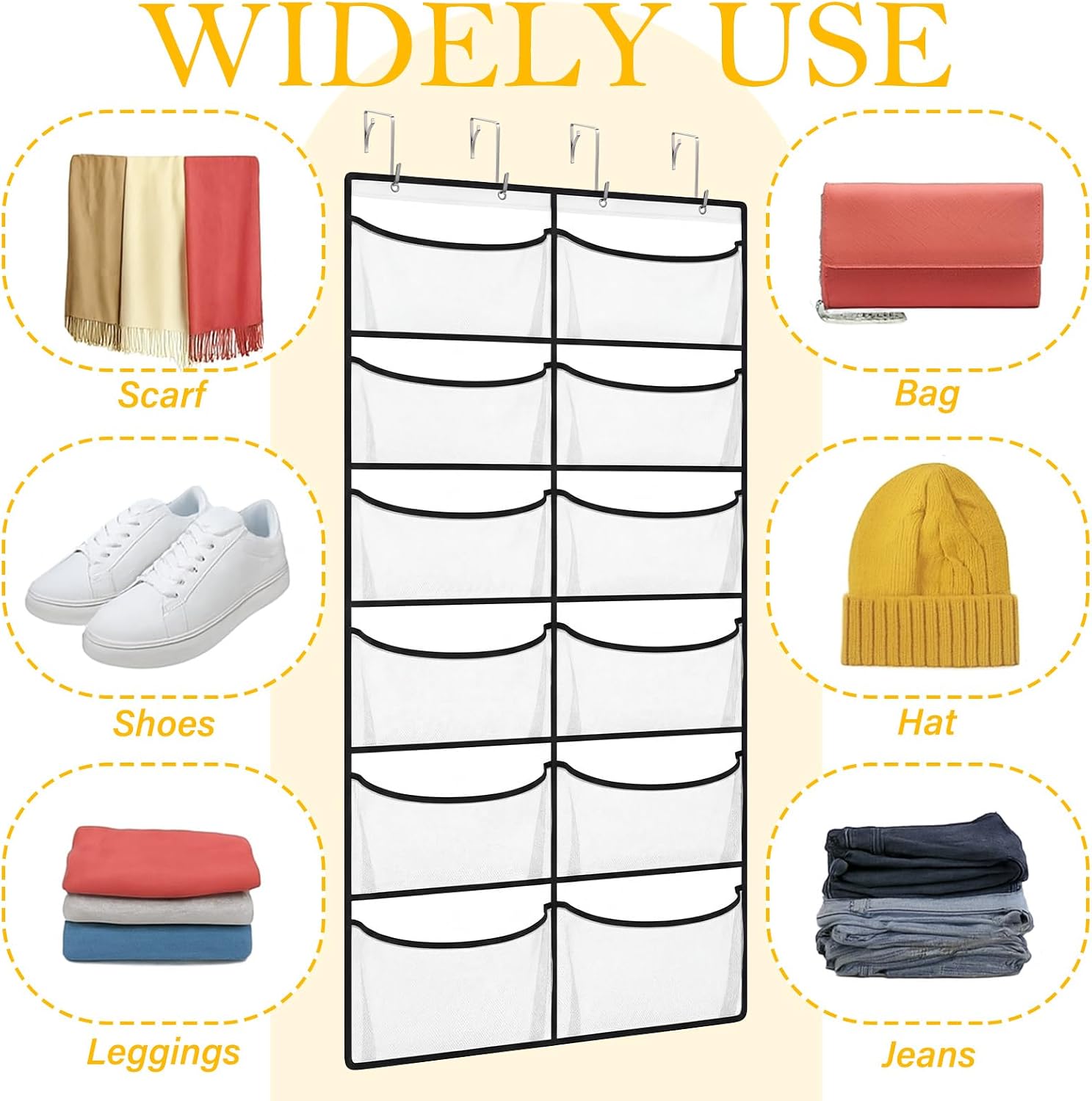 Yookeer Over The Door Hoodie Organizer 12 Large Mesh Sweatshirt Organizer | Breathable Hanging Pockets, with 4 Hooks, Behind Door Holder, for Home Dorm Rooms Bedroom Closets Clothing Sundries