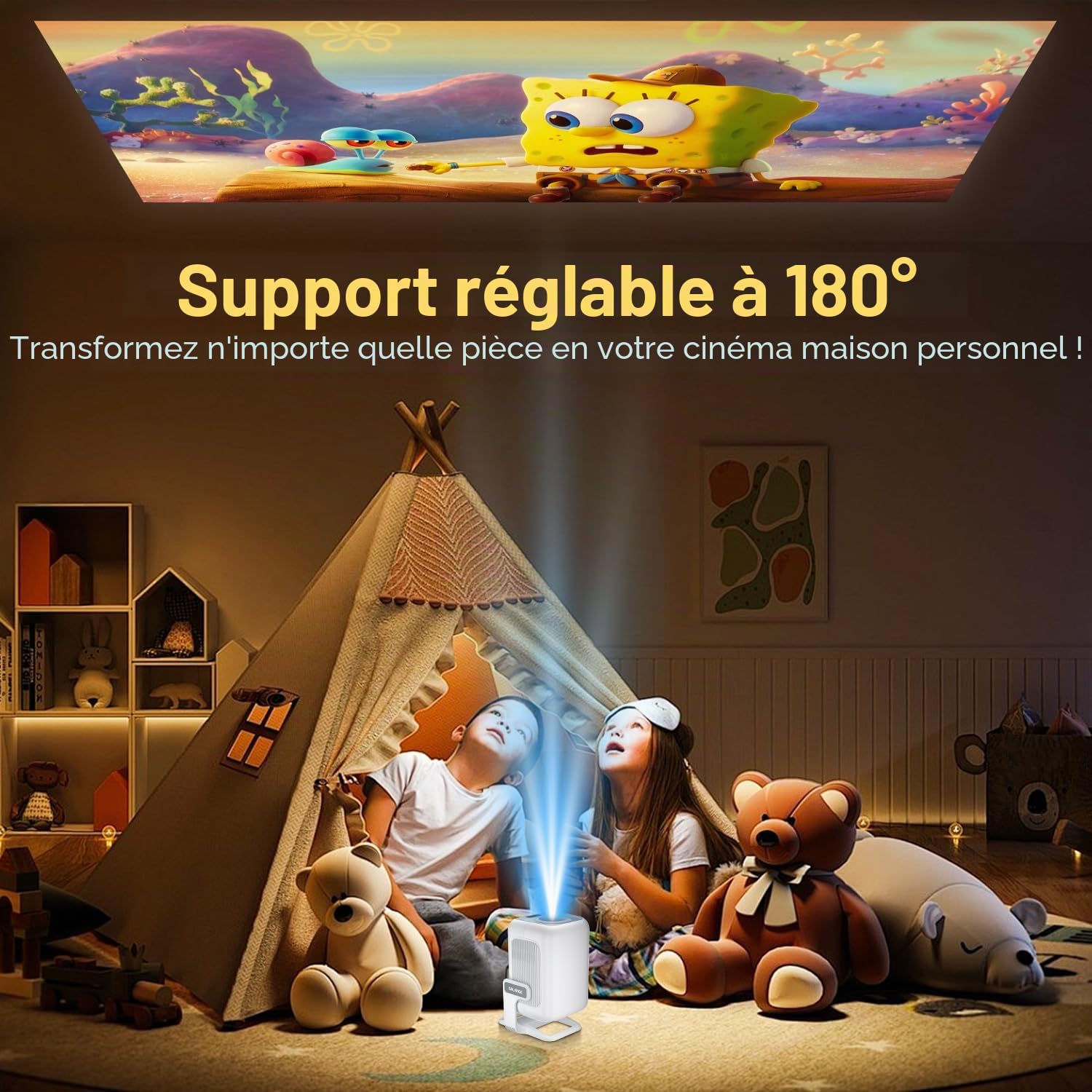 Salange Vidéoprojecteur Portable 4K FHD 1080P, WiFi Bluetooth Pico Retroprojecteur,Autofocus Automatique, Mini Projecteur Video avec Android 14.0 Home Cinéma, réglable à 180°, Blanc