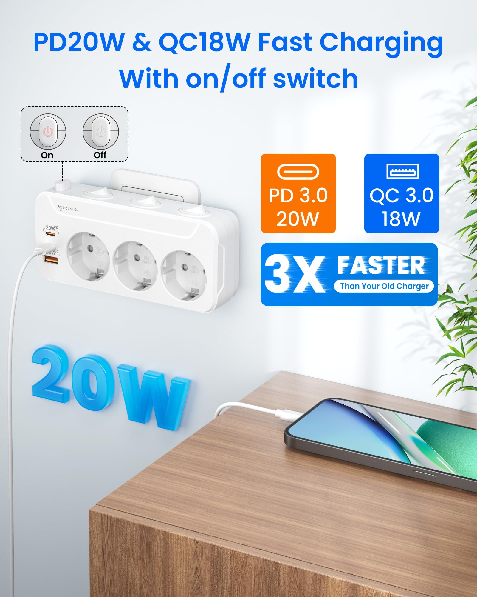 Ladron Enchufes USB C,Regletas Enchufes Pared Carga Rápida PD20W y QC18W,Enchufe Multiple 3 Tomas,Vertical Trifasico Enchufe con Interruptor,Adaptador Enchufe Triple Proteccion Sobretension,Blanco
