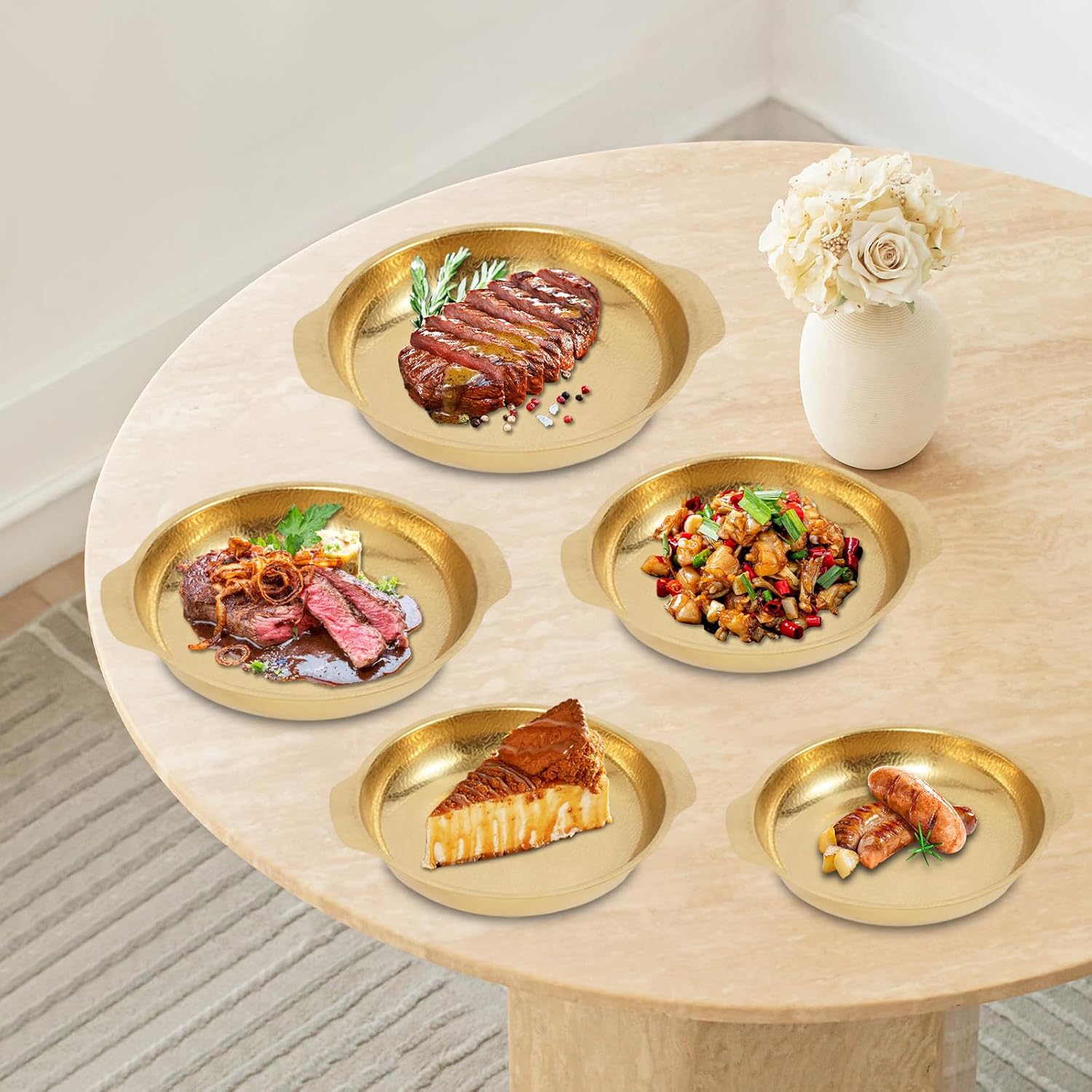 5PCS Food Serving Pans, Food Serving Pans Stainless Steel Seafood Pans Dinner Server Pan Paella Pan for Restaurant Home Use Indoors, Outdoors Set of 5 10.24-7.09in Gold