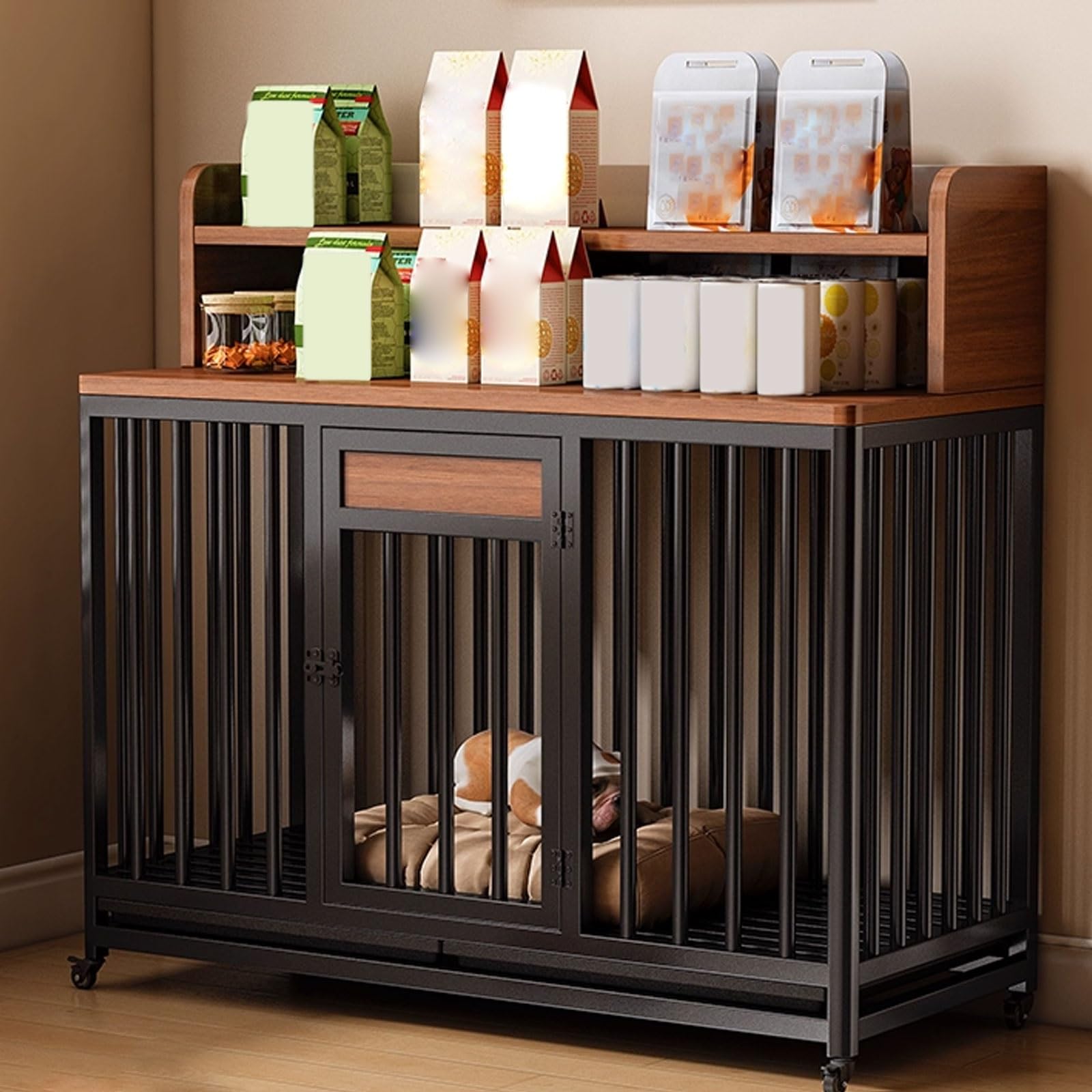 gabbia per cani， Grande trasportino for cani realizzato con telaio in acciaio, ruote girevoli freni e vassoio porta bloccabile(Black dark walnut,110 cm L x 60 cm W x 101 cm H)