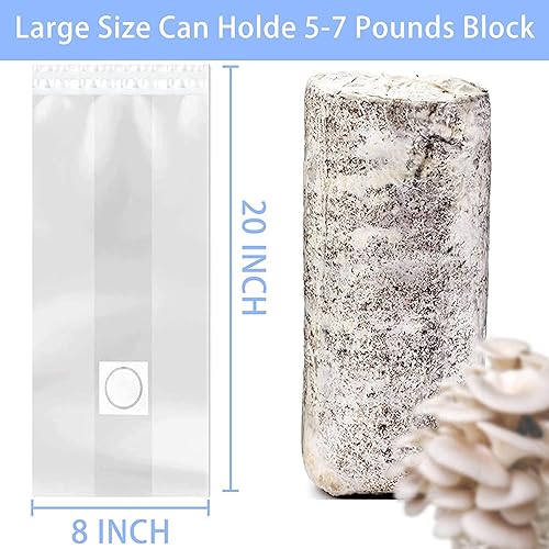 Miniatura 9 de 30 bolsas de cultivo de hongos con parche de filtro de 0.2 micrones, polipropileno de 3 mil, tamaño grande de 8 x 5 x 20 pulgadas para hongos y