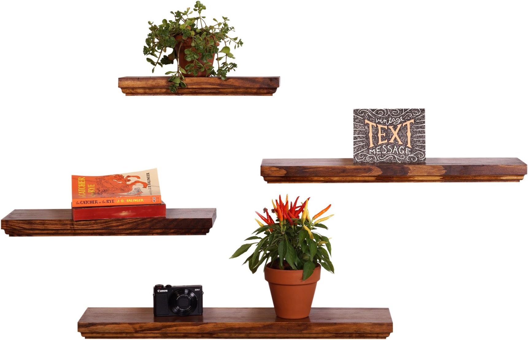 DAKODA LOVE 5.25" Deep Routed Edge Floating Shelves, USA Handmade, Clear Coat Finish, 100% Countersunk Hidden Floating Shelf Brackets, Beautiful Grain Pine Wood Wall Decor (Set of 4) (Bourbon)