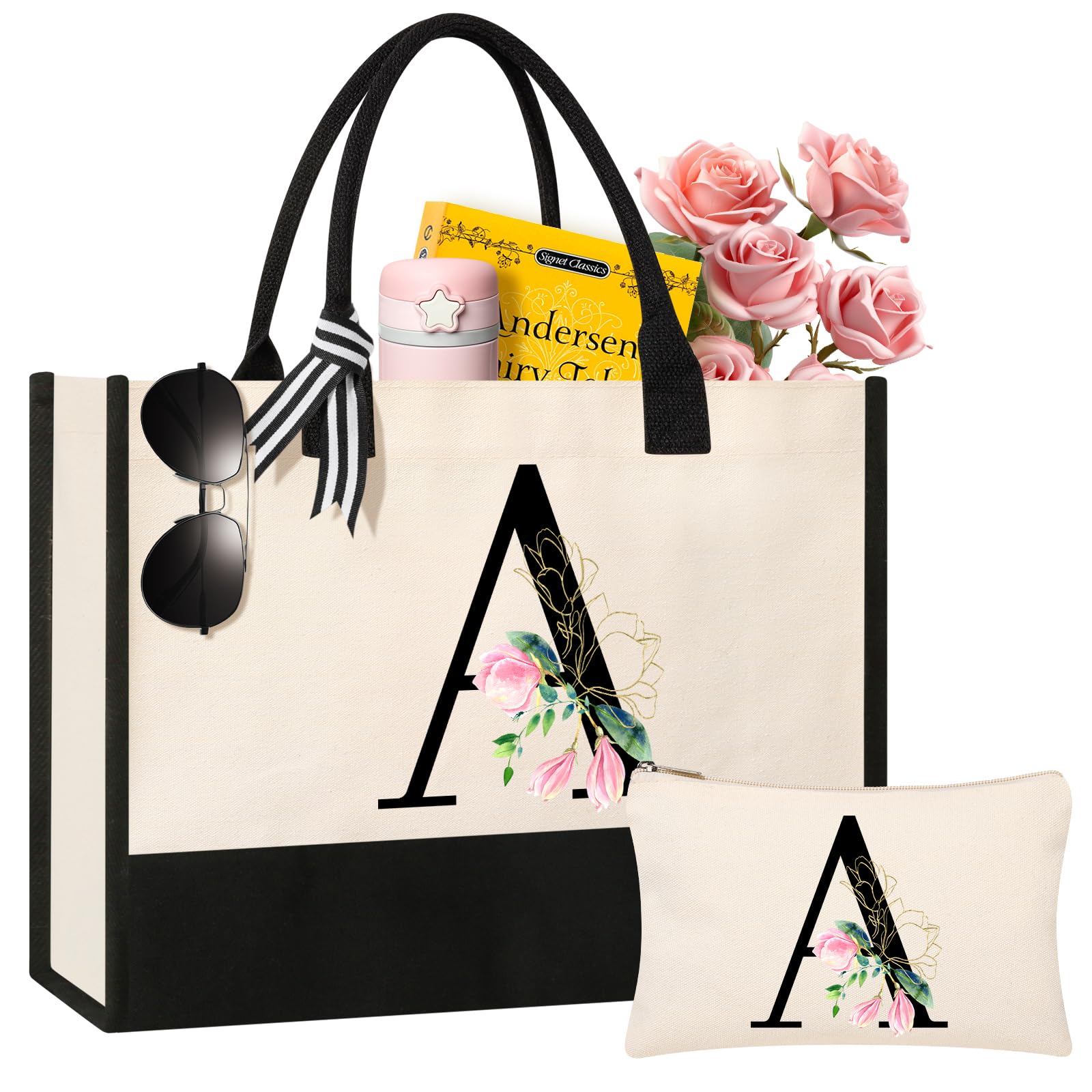 AYGE Personalized Initial Canvas Beach Bag Cosmetic Bags, Tote Bag, Makeup Bag, Gifts for Sister Mom Teacher Bridesmaid