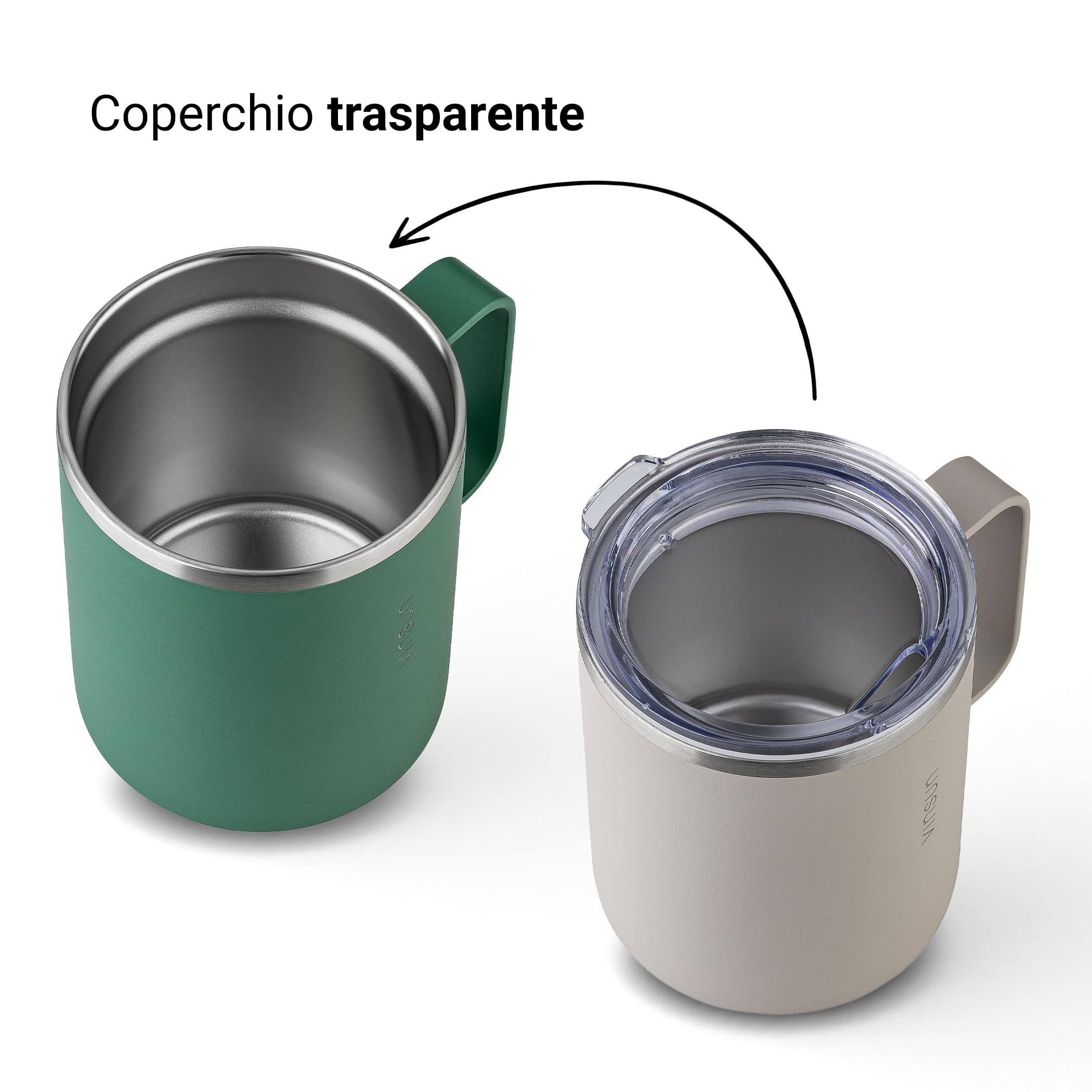 VINSUN Tazza Termica con Manico 350ml - Acciaio Inox, Coperchio Trasparente con Apertura per Bere, Senza BPA - Tazza da Viaggio Caffè per Ufficio, Scuola, Campeggio, Auto