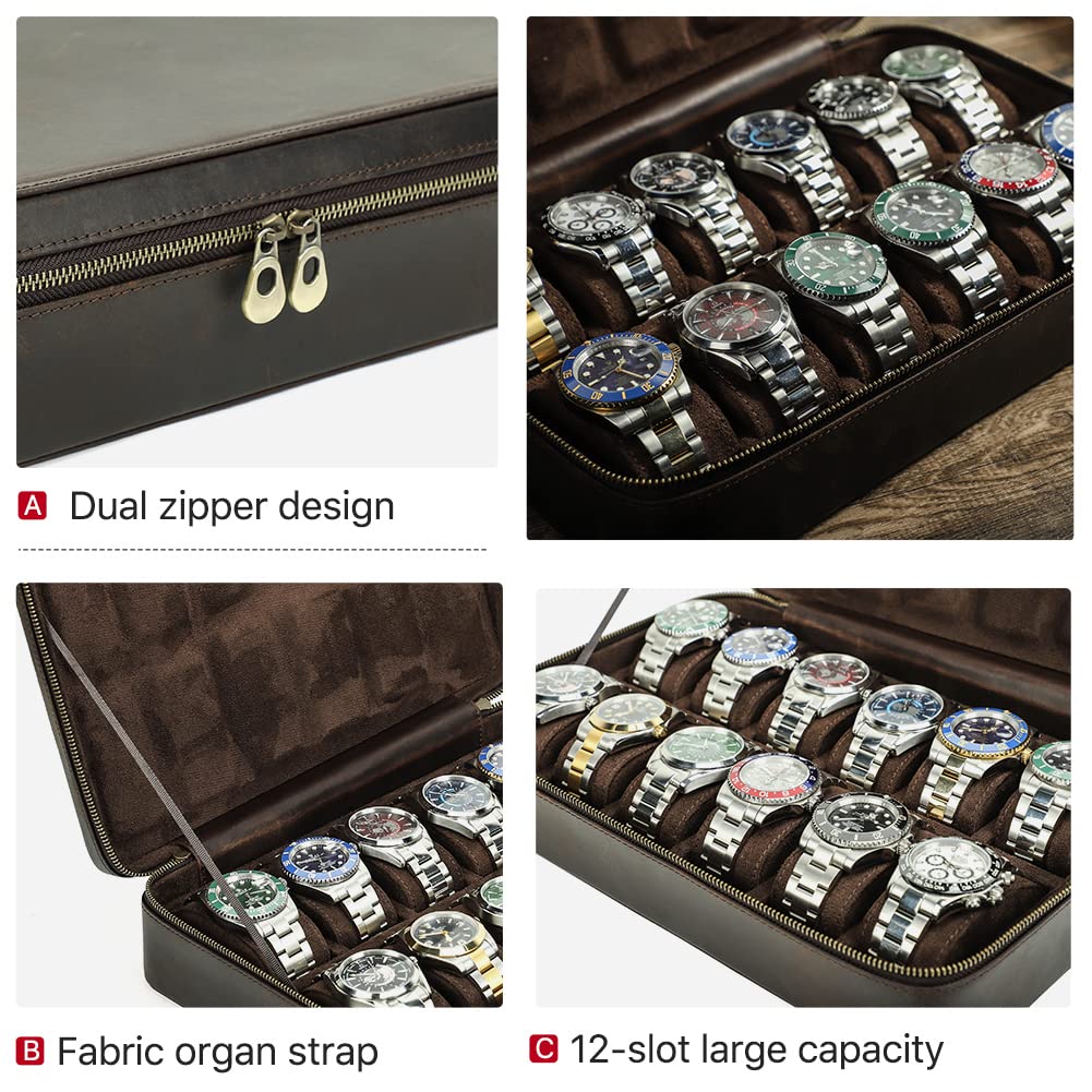 Scatola Porta Orologi, Crazy Horse in Pelle, Grande Custodia da Viaggio, Protezione per Orologi, Organizer con Cerniera, Astuccio da Collezione (caffè Scuro, 12 Scomparti)
