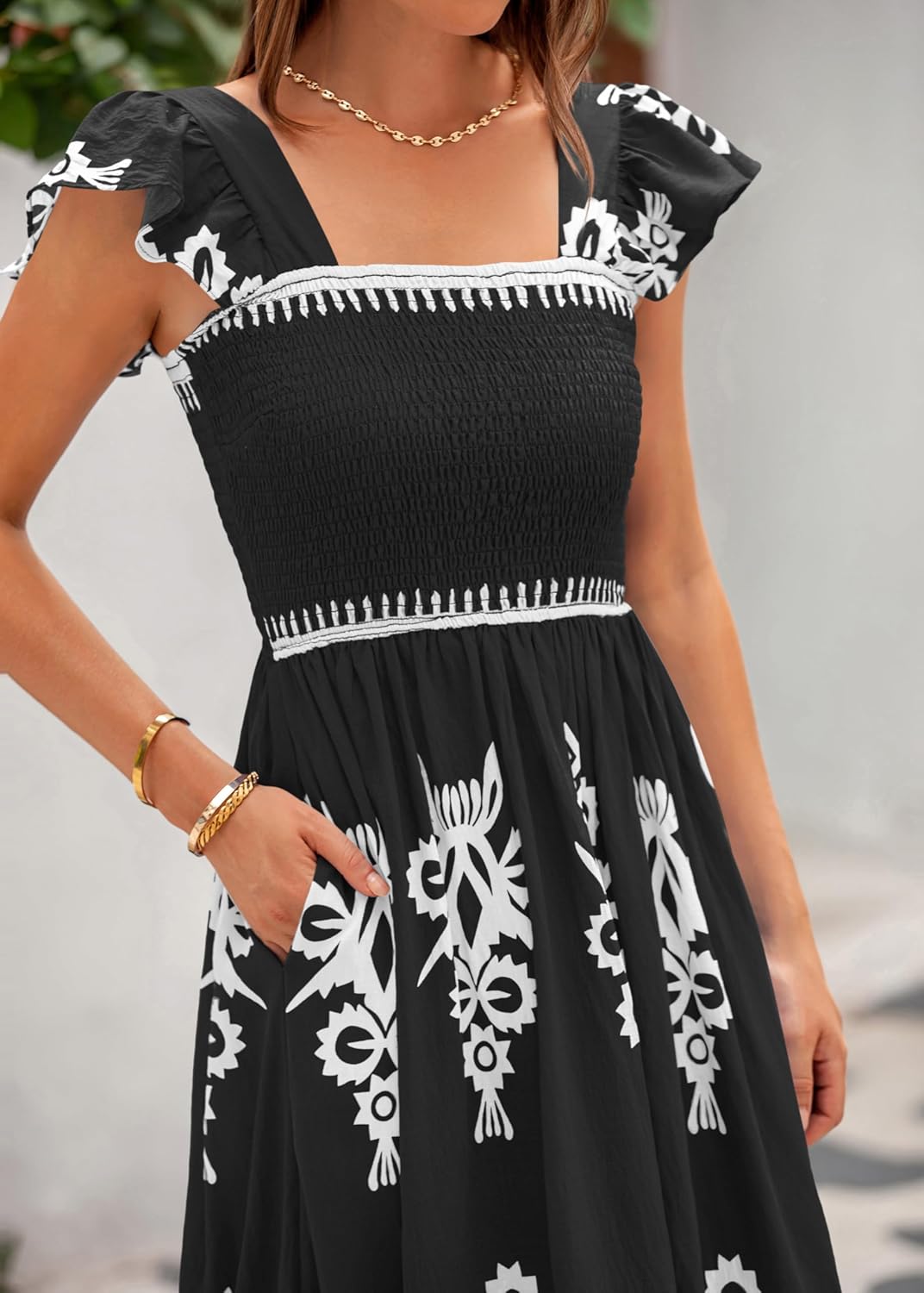 BTFBM Summer Dresses for Women 2026 Floral Smocked Boho Sleeveless Square Neck A Line Casual Beach Maxi Dress Pockets - Image 4