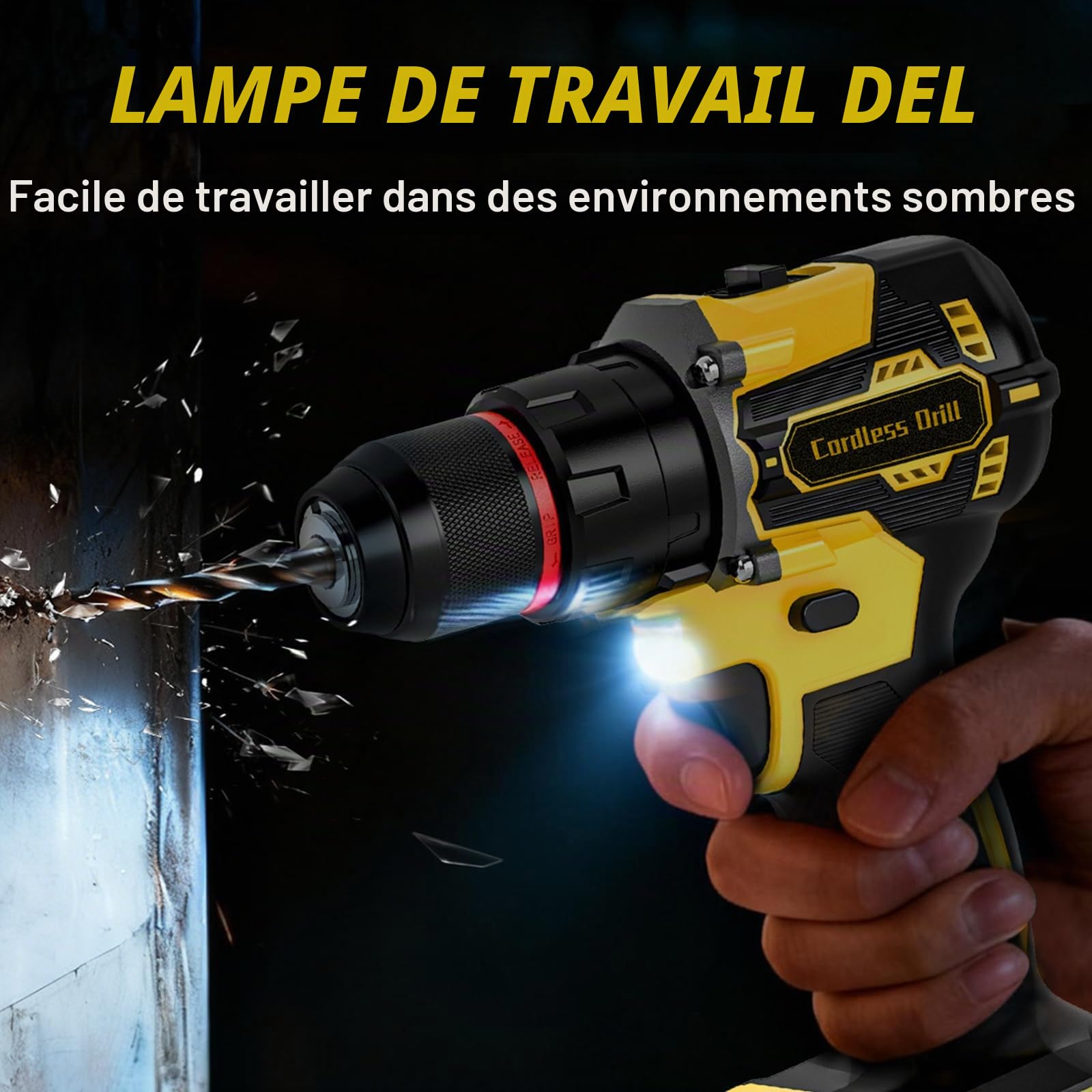 Perceuse Visseuse Sans Fil Brushless 21V, Perceuse Percussion 60 Nm, 2 Batteries 2.0Ah, Mandrin Métal 10 mm, 2 Vitesses 25+3 Couples, Visseuse Dévisseuse avec 87 Accessoires Bricolage (Jaune)