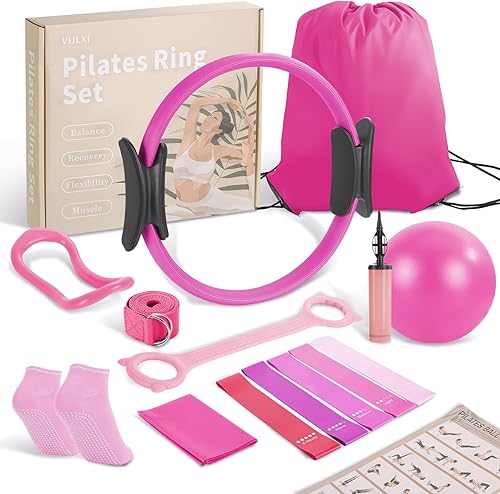 Miniatura 8 de Kit de equipo de pilates para el hogar: incluye un anillo de pilates de 14 pulgadas, una bola de pilates de 9.8 pulgadas, 5 bandas de resistencia y