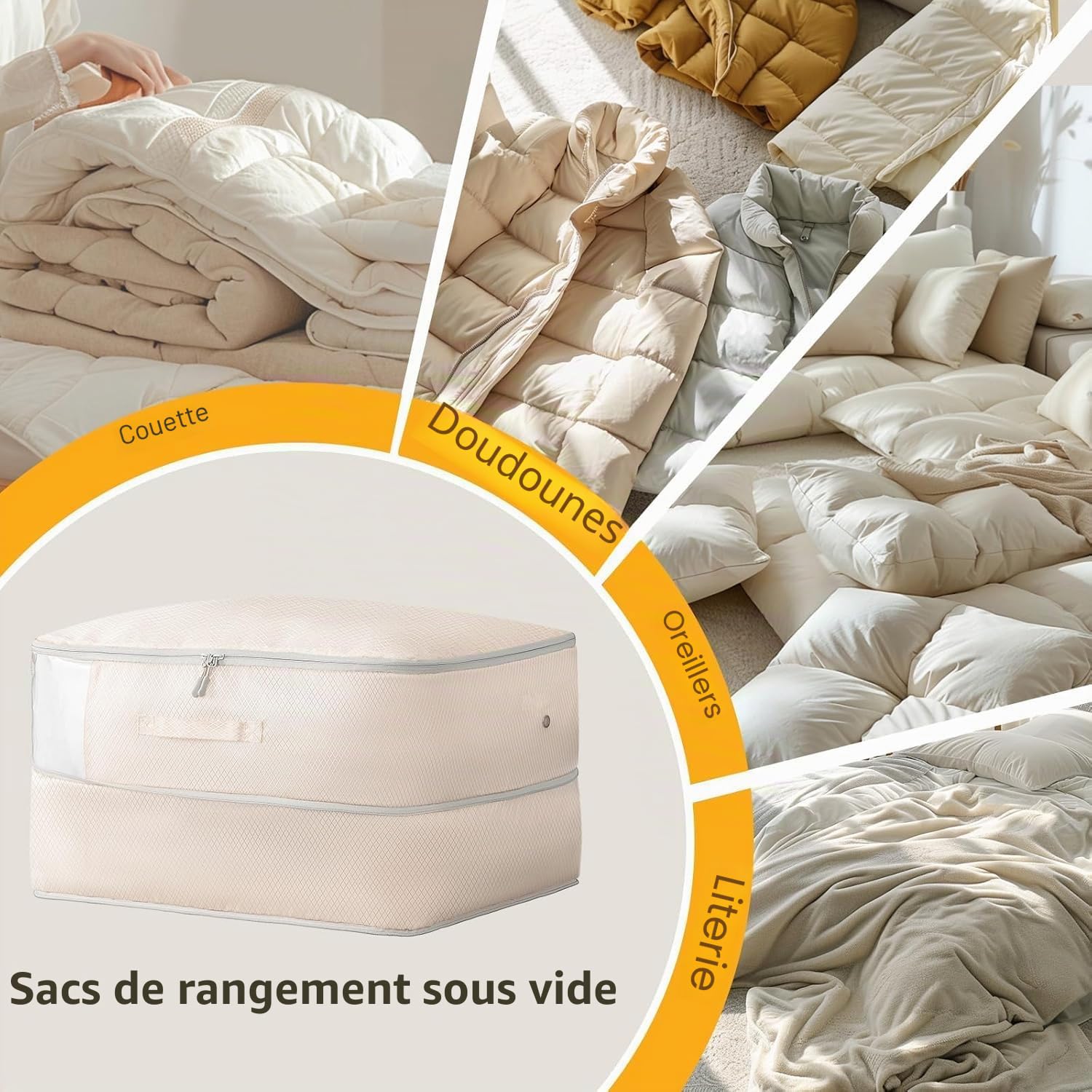 DIMJ Sac de Compression - Housse de Rangement Vetement Couette Lot de 4, avec Poignées Renforcées, Organisateur D'auto-Compression pour Couettes, Vêtements, Oreillers, Linge de Lit, Beige