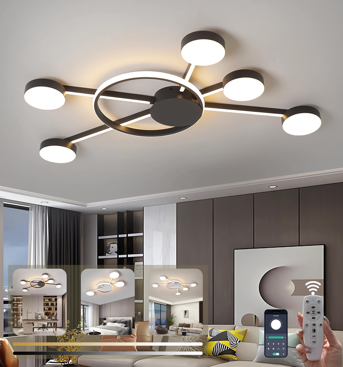Moderne LED-Deckenleuchte Mode Runde Deckenleuchten Dimmbare Büro Deckenlampe Wohnzimmer Fernbedienung Deckenbeleuchtung für Schlafzimmer Arbeitszimmer Esszimmer (Schwarz L100 cm)