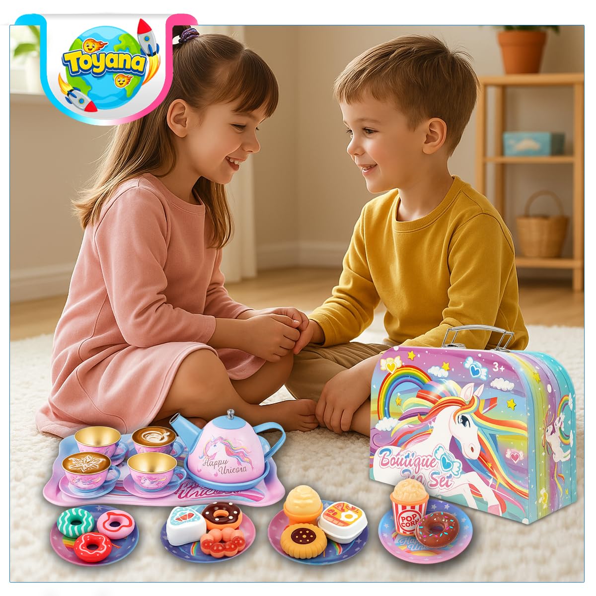 Toyana 27 PCs Kids Unicorn Tea Set in Metal Carry Case, Pretend Play Tea Party Playset, Realistic Teapot, Cups - Image 2