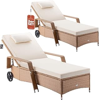 CASARIA® Sun Lounger Set of 2 with Wheels | 7cm Comfy Cushions | 90cm Wide, 193cm Long Sun Loungers | 165kg Load Capacity | Weatherproof | Garden Lounger Patio Furniture | Cream/Beige