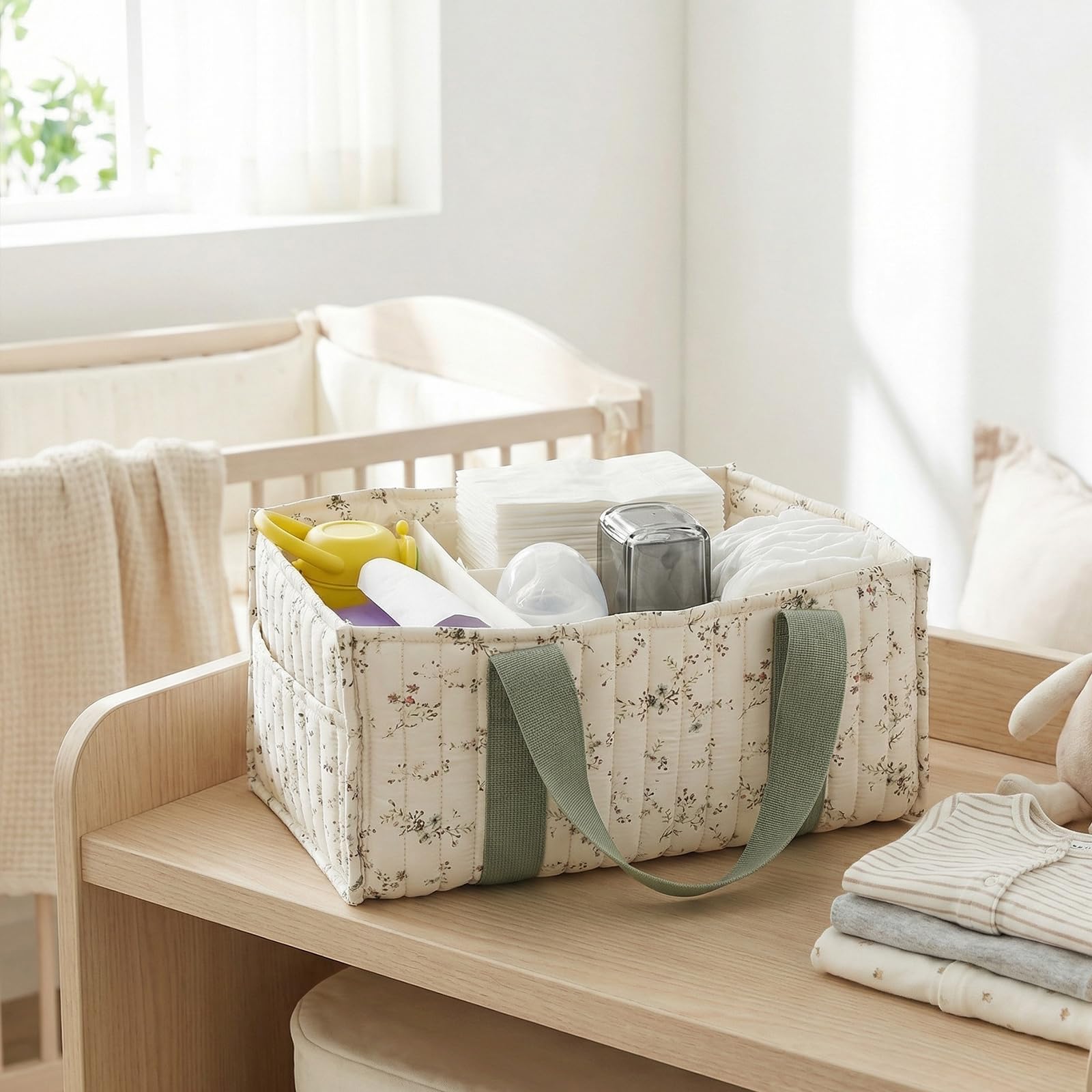 Floral organizer na pieluchy z uchwytem, stylowy kosz do przechowywania do pokoju dziecięcego z wyjmowaną ścianką działową