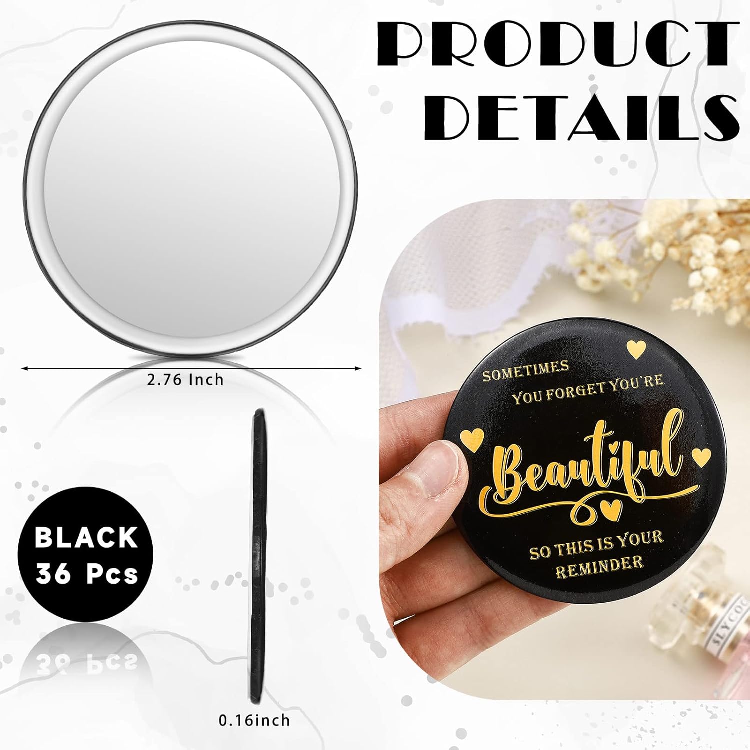 36 Pcs 2.76 Inch Inspirational Compact Mirror Bulk Gifts for Women Black and Gold Party Favors Mini Pocket Mirror Small Stuffer Items for ‌Gift Bags Christmas Coworker Employee Friends - Image 2