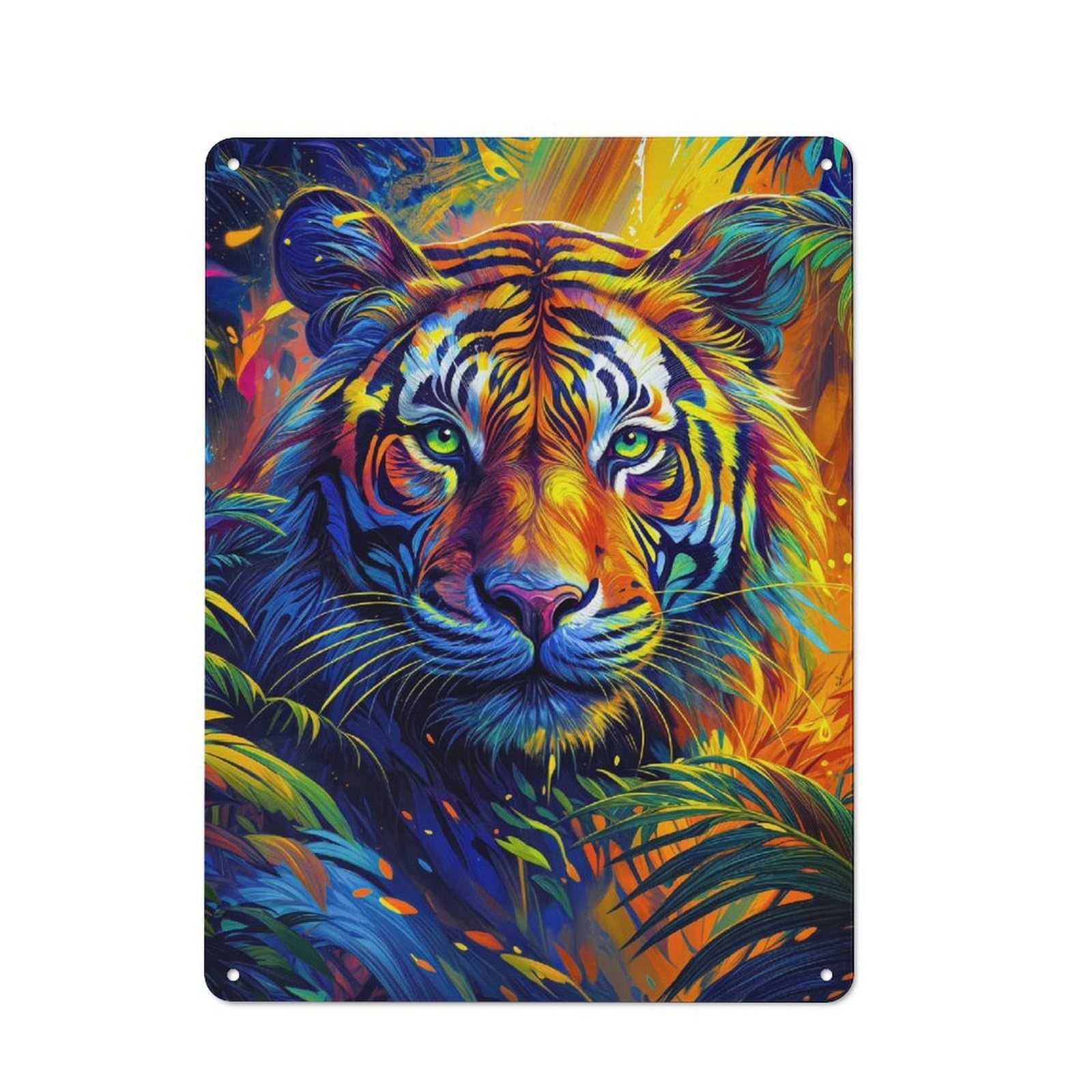 Colorful Tiger Portrait in Jungle Metal Gift Sign 40x30cm, Vintage Home Wall Decor for Home, Shop, Pub Or Studio Wall