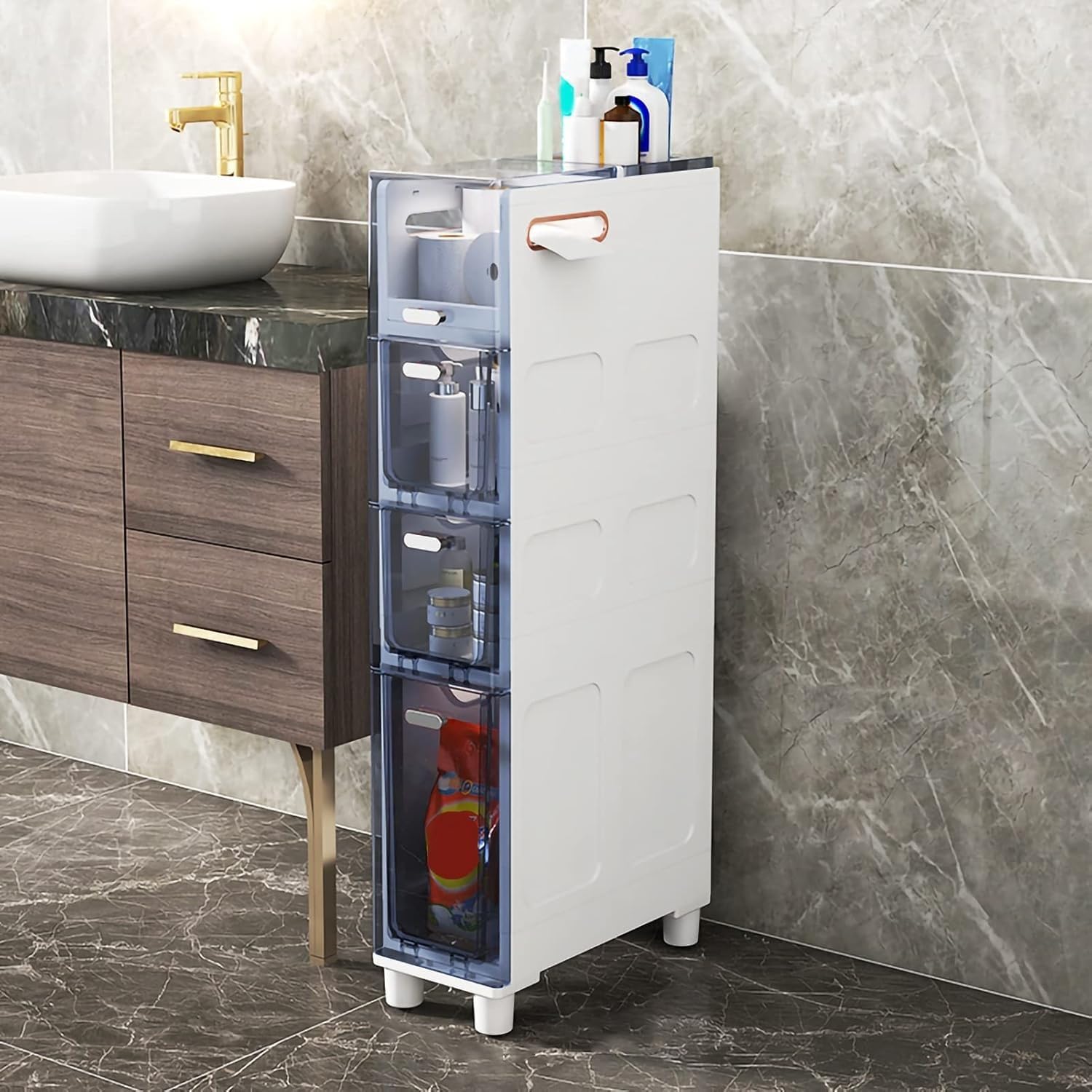 Cassettiera impilabile a 5 ripiani, sottile, con cassetti trasparenti e rotelle, robusta cassettiera stretta per bagno, camera da letto, E (blu trasparente
