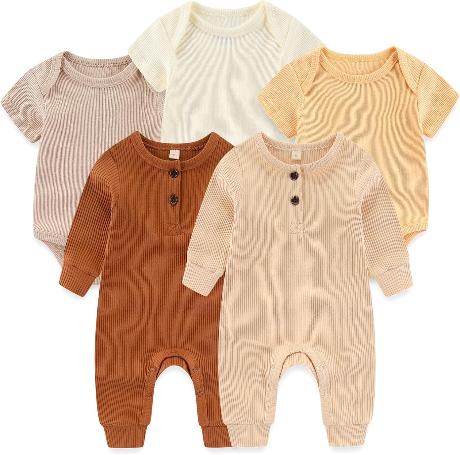 Baby Bodysuit Ribbed Romper 5-pcs Soft Unisex Boy Girl Outfit Clothes Set 0-12 momth