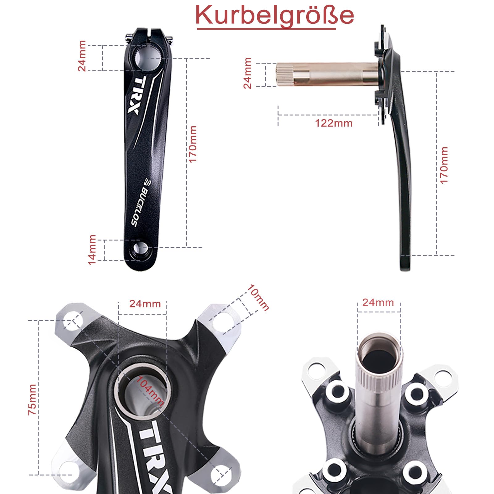 104 BCD MTB Crankset 32-38T – Kit de crankset de vélo de montagne creux intégré 170 mm – 1 x kit de grue de vélo en alliage d'aluminium avec anneau de chaîne à dents larges et goujons pour VTT