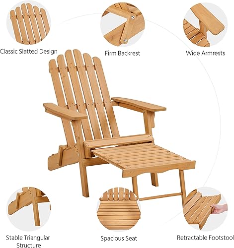 Miniatura 5 de Yaheetech Silla Adirondack plegable con otomana retráctil, capacidad de peso de 300 libras, silla de jardín de madera maciza, sillas de sala para