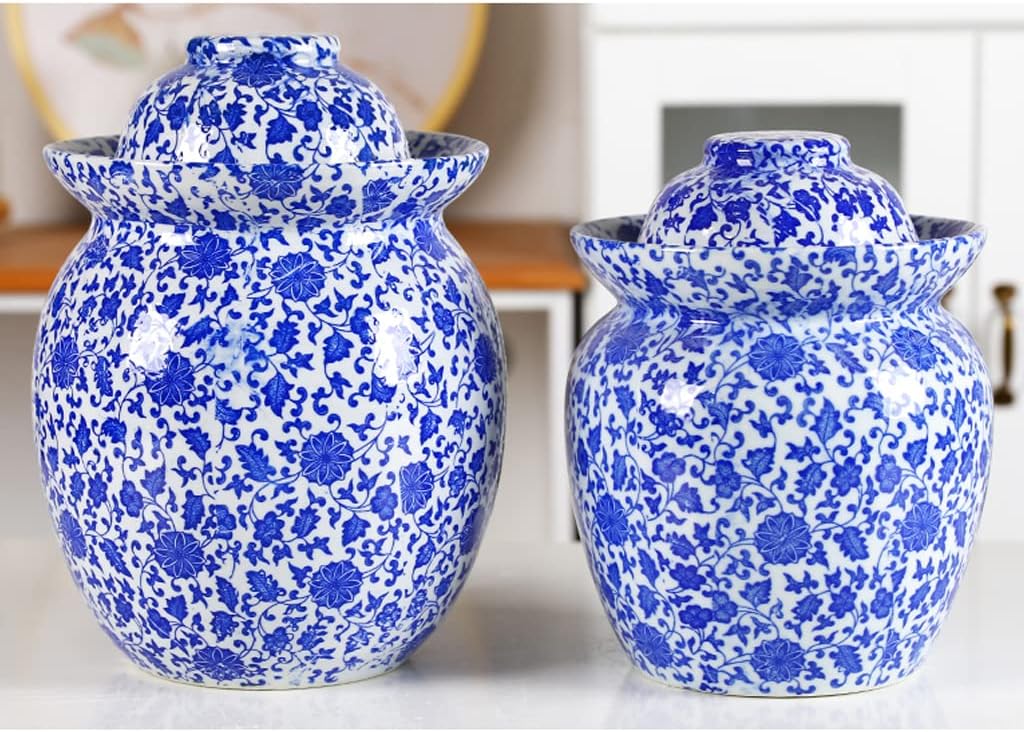 Blue Traditional Chinese Porcelain Pickle Jar, Ceramic Fermentation Crock Pickling Pot,Fermenting Jar with Water Seal Airlock Lid Stoneware Fermenter for Kimchi 7KG Jar