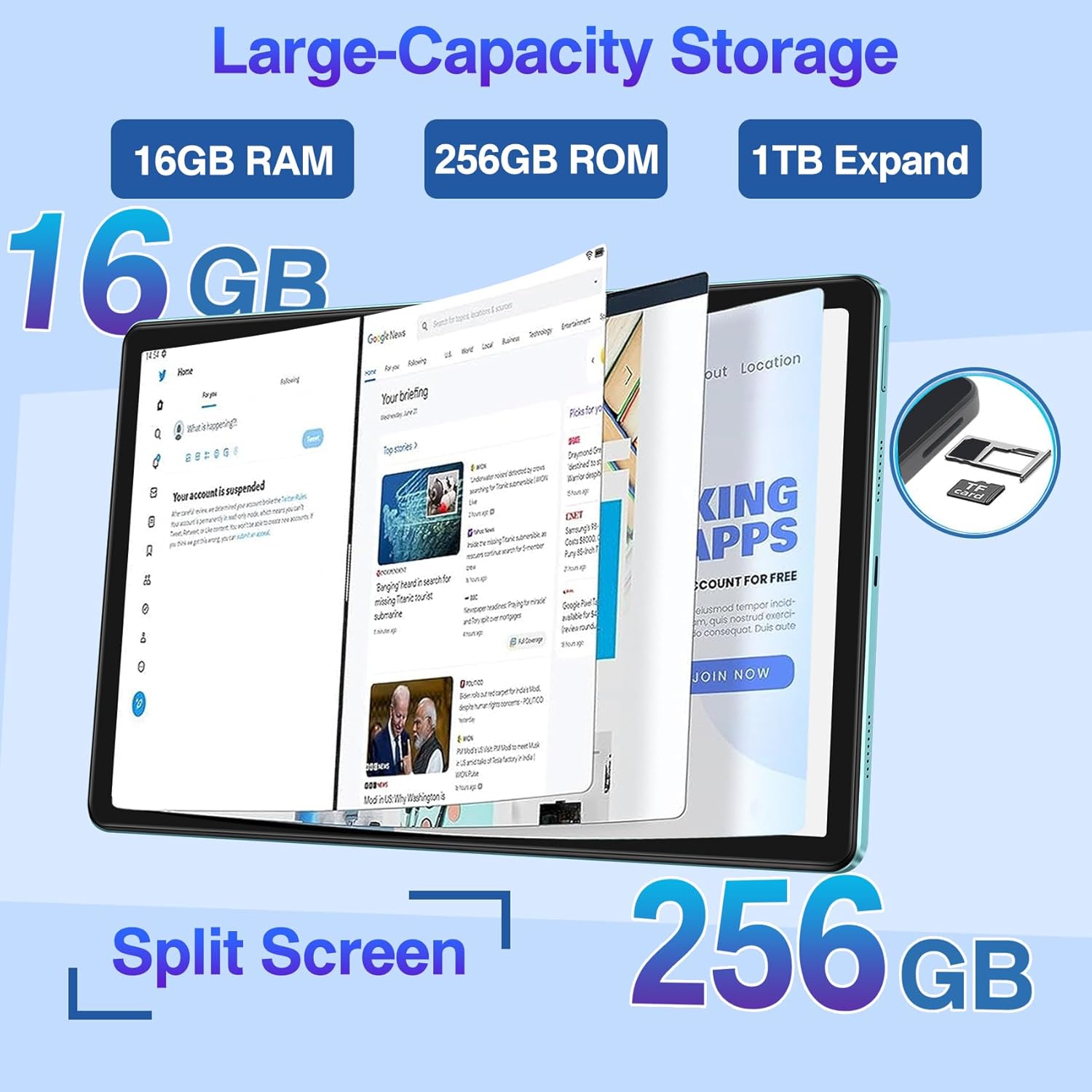 Image illustrating the large capacity storage of the DMOAO D11 tablet, showing 16GB RAM, 256GB ROM, and 1TB expandability via MicroSD card. A tablet screen shows multiple open applications, demonstrating split-screen functionality.