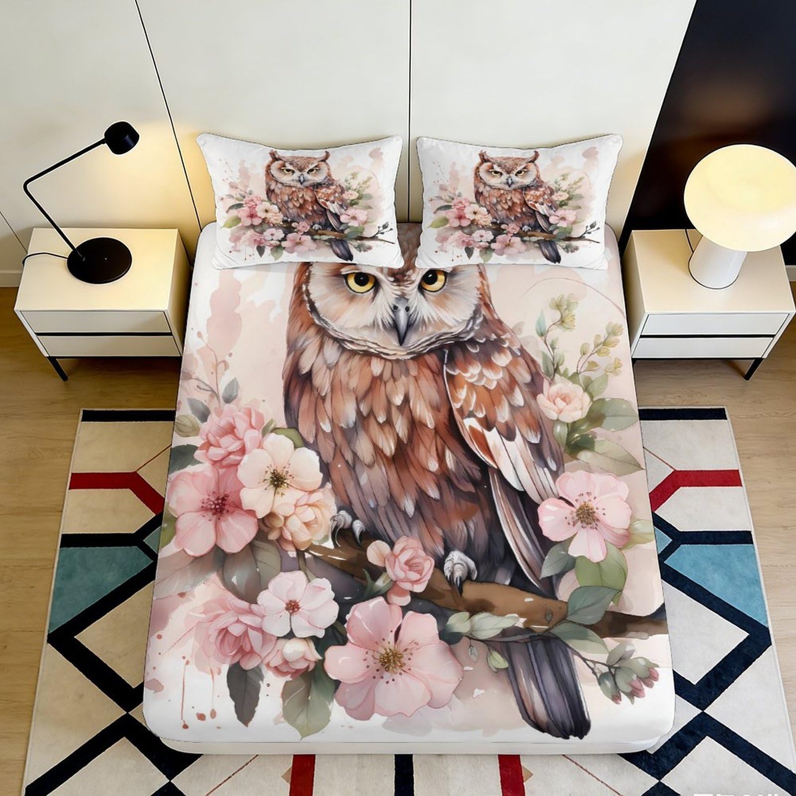 Pnayamiorkfel Style-2 3D Printed Owl Blossom Fitted Sheet Microfiber Soft Non-Slip Bed Cover For Bedroom Dorm Mattress Protection Decor 90X200x25cm
