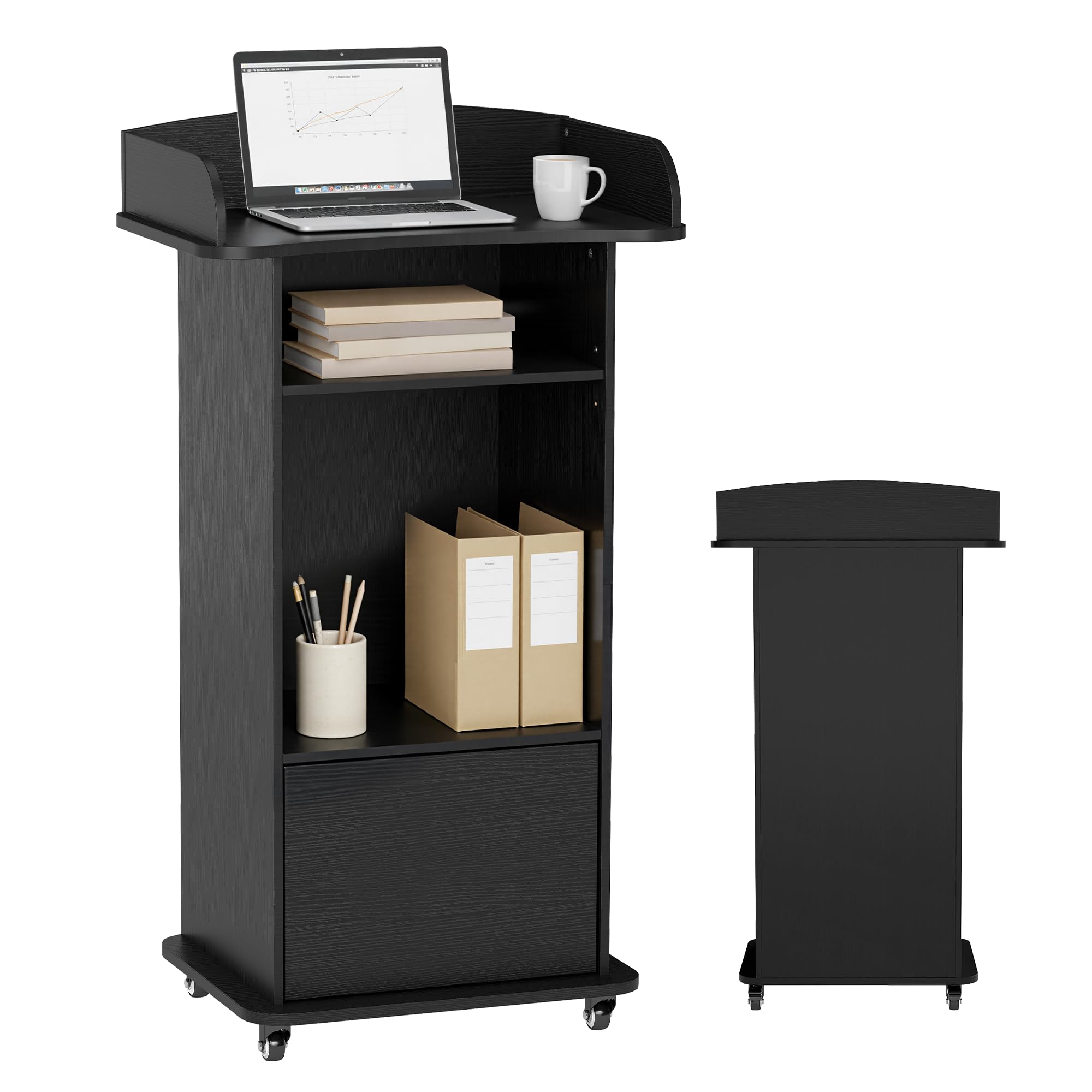 Holz-Rednerpult, Stehpult mit Rollen, mit Laptoptisch Funktion und 3 Ablageflächen, Ideales Rednerpult für Kirchen, Vorträge, Schulen und Seminare (Schwarz)