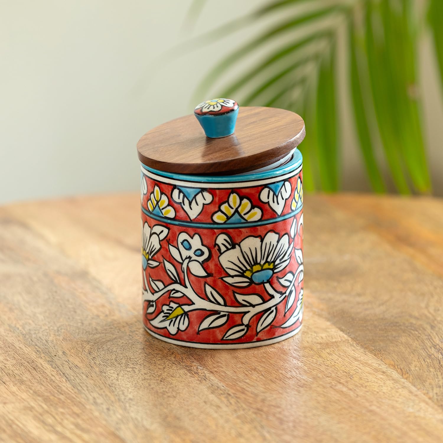 ExclusiveLane 'Mughal Barrel' Multi Utility Storage Ceramic Jars for Kitchen Storage with Wooden Lid (Air-Tight, 420 ml) | Handpainted Ceramic Container with Lid Storage Jars and Container Set