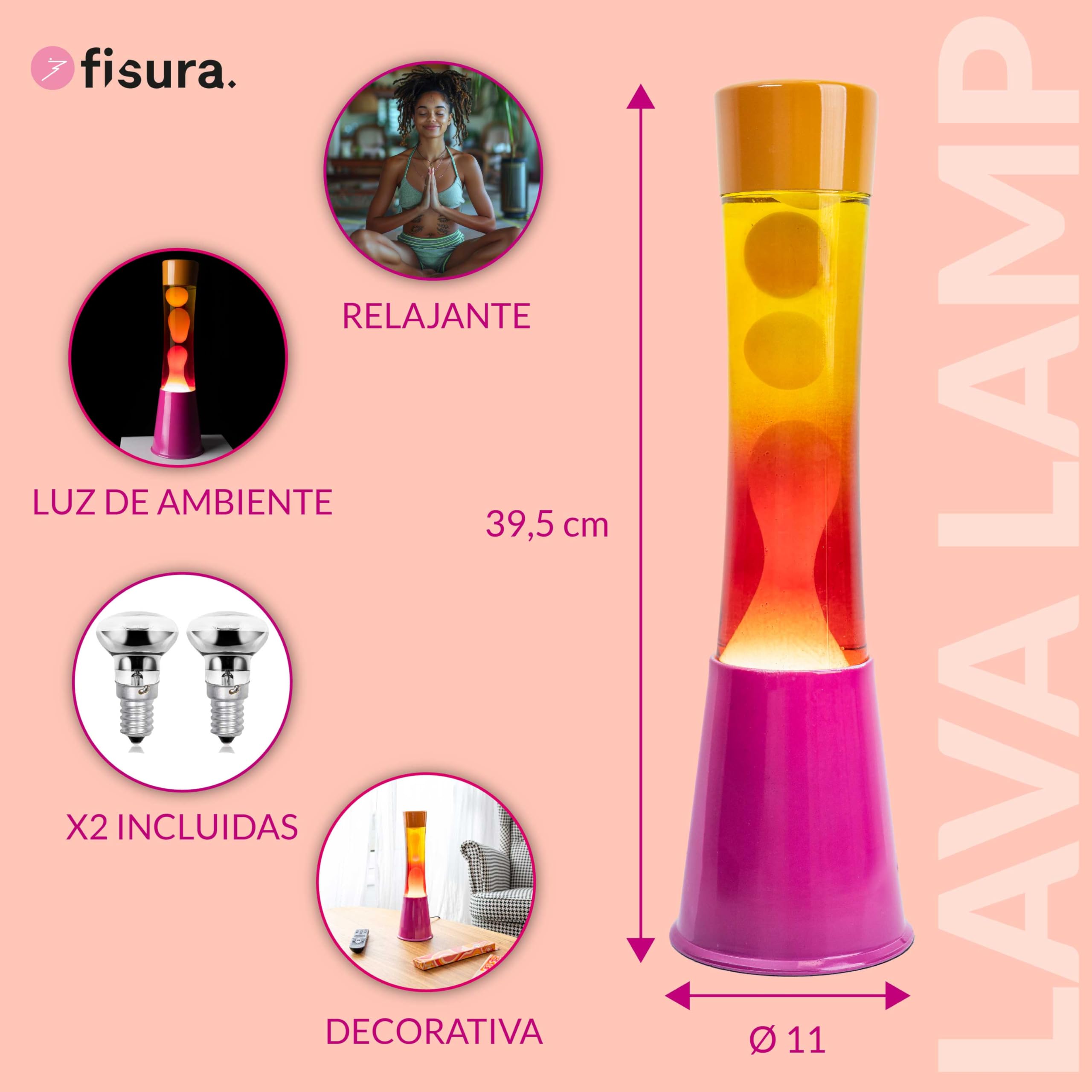 Fisura - Lámpara de lava degradada rosa y naranja. Base rosa, cristal con efecto degradado y tapa naranja. Lámpara efecto relajante. Con bombilla de repuesto - 11 cm x 11cm x 39,5 cm.