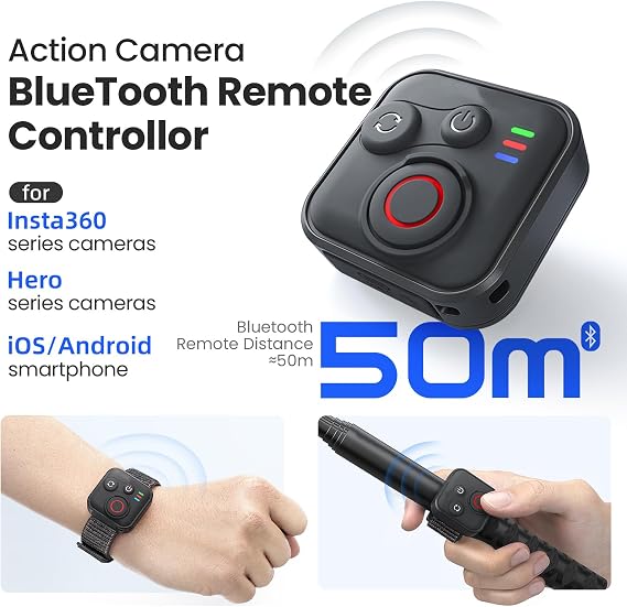 Bluetooth Remote Control for Insta360 X5/X4/X3/Ace Pro 2/Ace Pro/GO3S/GO3/GoPro Hero 13/12/11/IOS/Android Smartphone Cameras Accessories 50m Range Waterproof 96h Duration Fast Charging BT5.1 Type-C