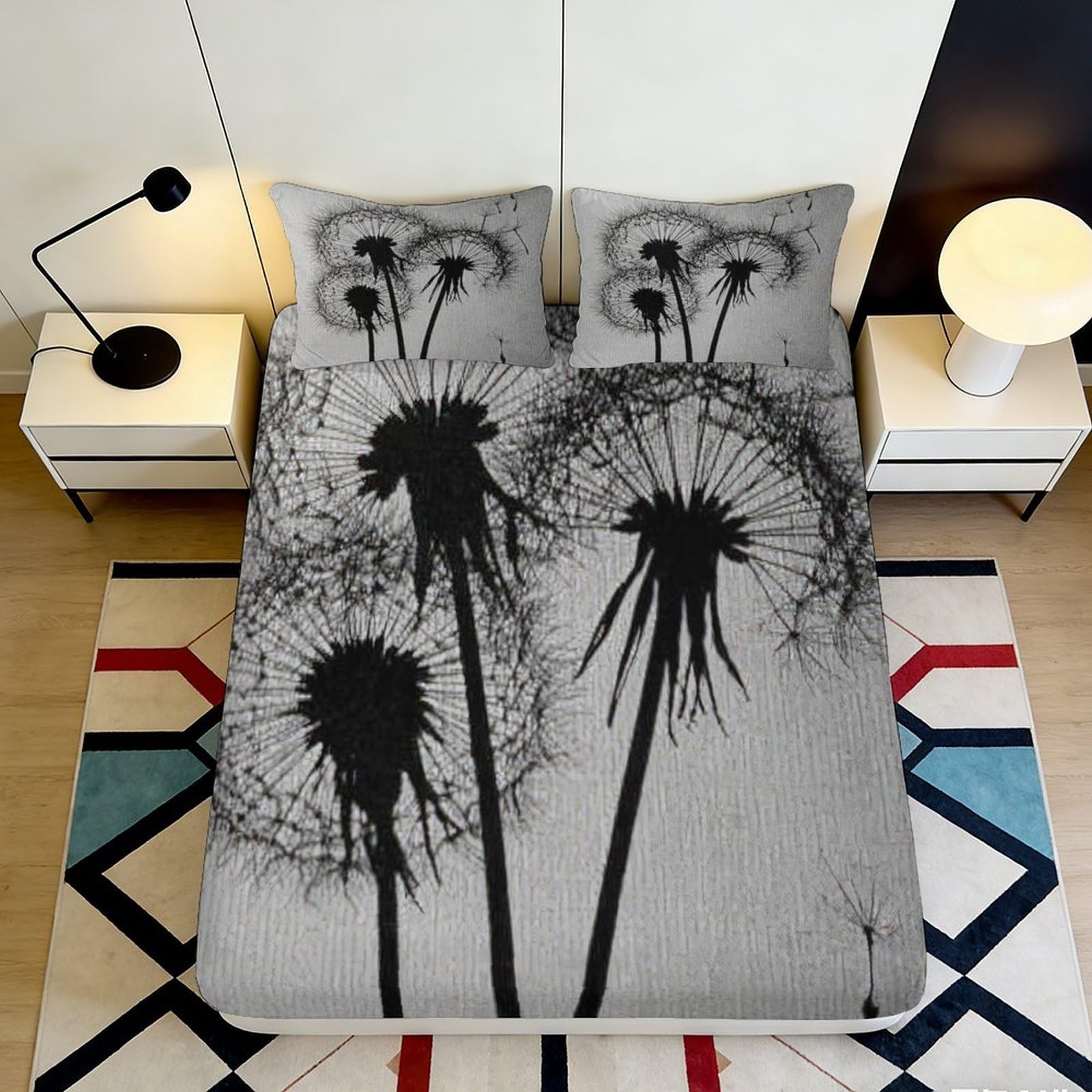 Pnayamiorkfel Style-3 3D Printed Dandelion Silhouette Fitted Sheet Microfiber Soft Black White Abstract Bed Cover For Bedroom Guestroom Mattress Protection 90X200x25cm