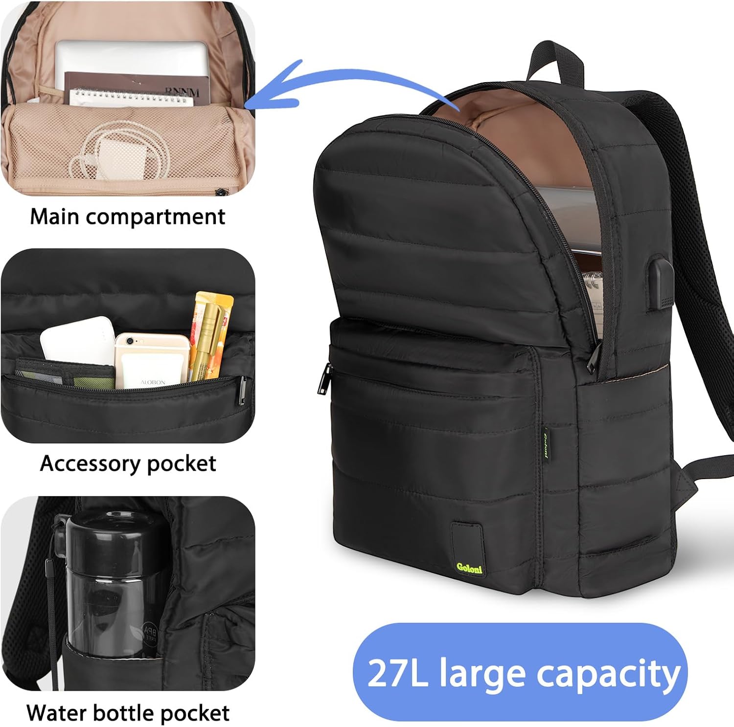 Goloni Laptop Backpack for Women,Puffy Travel Backpack with USB Charging Port,Waterproof Quilted Casual Daypack Fits 15.6 Inch Laptop,Black